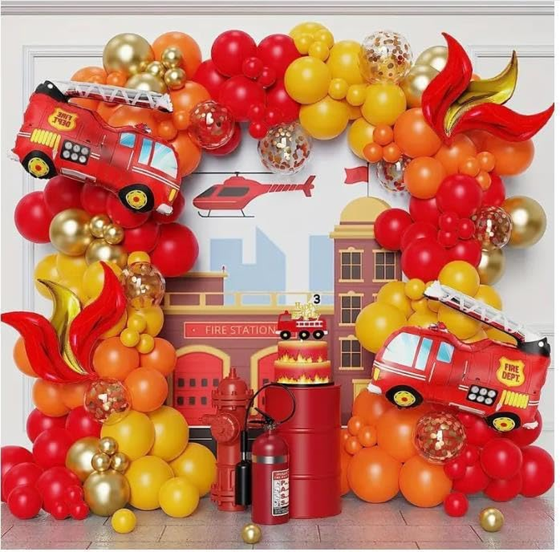 Birthday Traffic Vehicle Fire Truck Balloon Wreath Set, 138 Pieces, Aluminium Film Latex image number 3