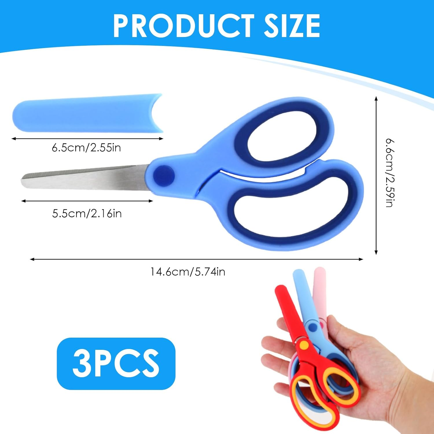 3 Pcs Plastic Scissors for Kids - Right & Left Handed Safety Scissors with Blunt Tips, 5.7" Comfort Grip - Toddler Training Scissors for Crafts & Classroom (Red, Pink, Blue) image number 5