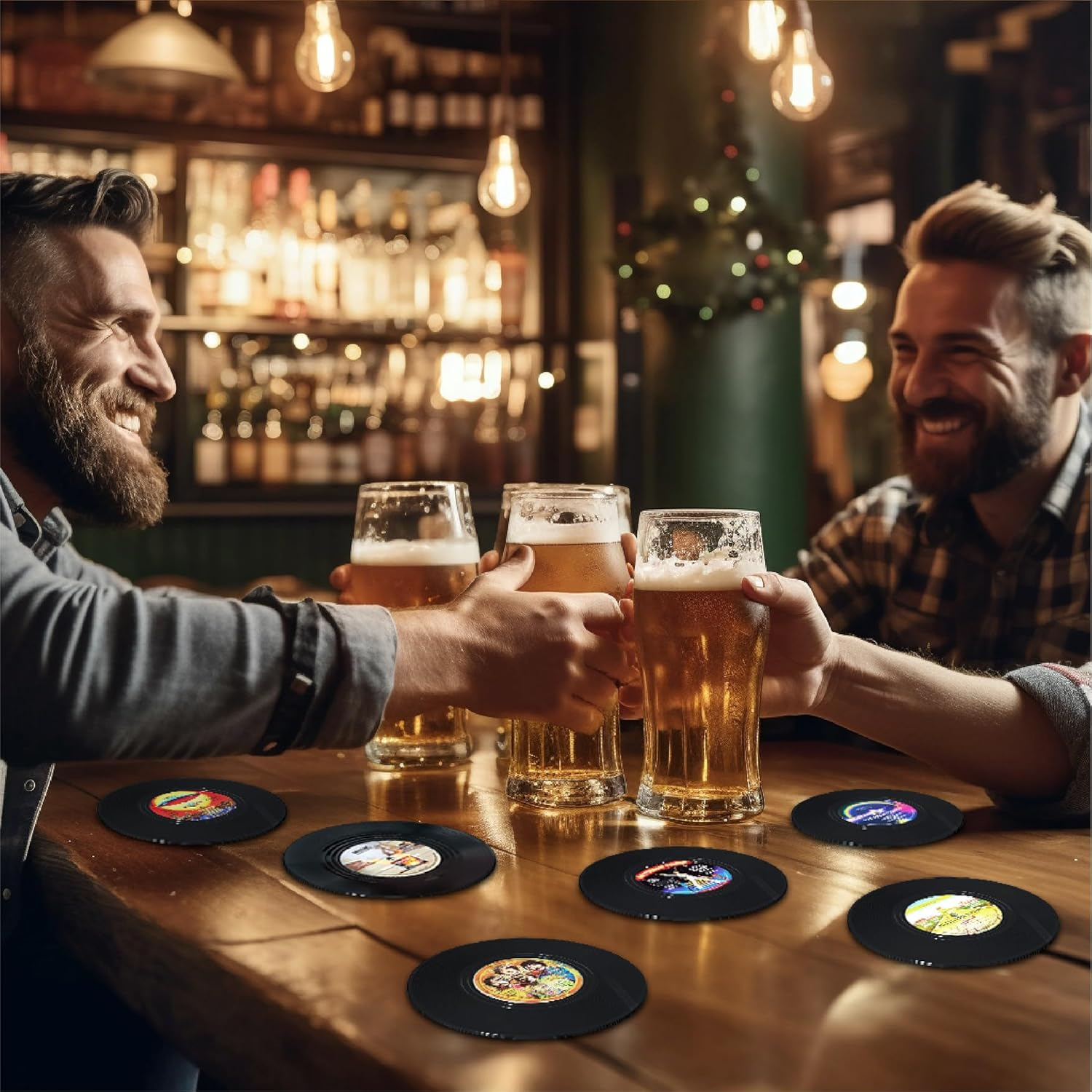 Funny Retro Record Coasters with Vinyl Player, Set of 6 Pcs Music Saying Drink Coasters, Bars, Party, Birthday, Housewarming Hostess, White Elephant Gifts Ideas, Funny Gifts for Music Lover image number 1
