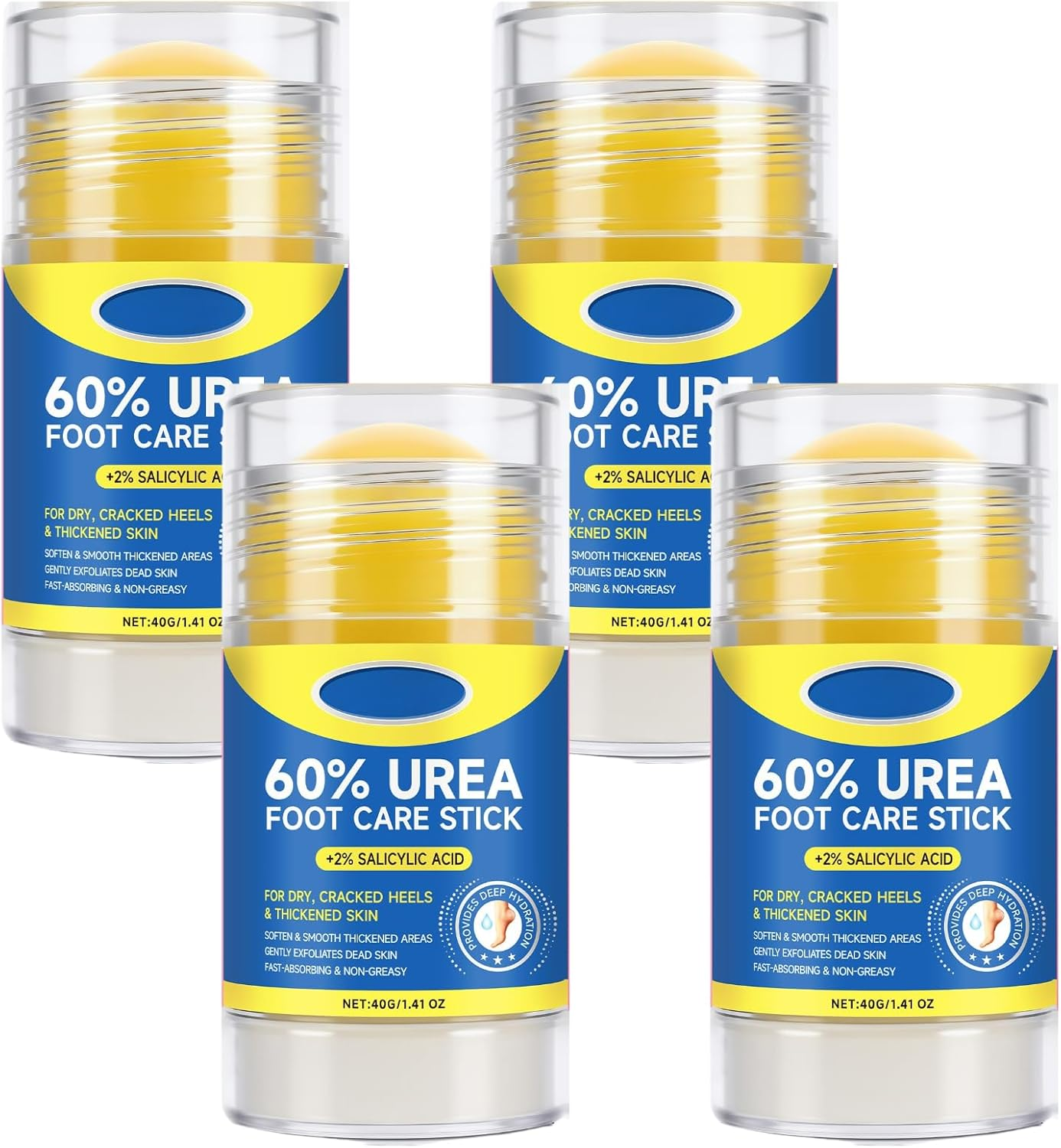 Urea Cream Stick 60% + 2% Salicylic Acid, Exfoliating & Moisturizing Foot Care Stick for Dry Cracked Feet, Hands, Knees & Elbows, Callus Remover & Skin Softener, Fast Absorbing Hydrating Balm (4Pcs)