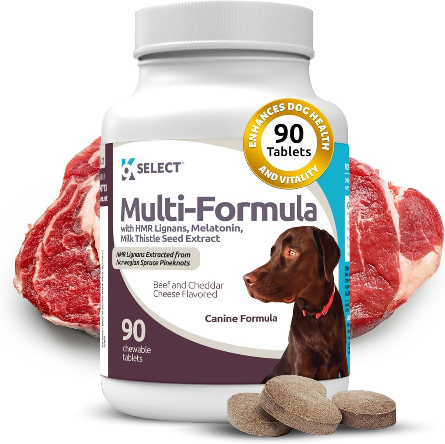 K9 Select Multi-Formula Dog Vitamins for Large Dogs - 30Mg HMR Lignans, 3Mg Melatonin, 60Mg Milk Thistle - Helps Heart, Liver, Digestion, Skin & Coat Health, Dog Multivitamin, 90 Tablets, Beef Flavor image number 4