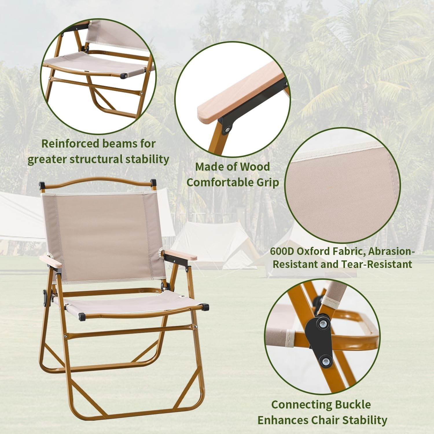 Folding Camping Chair, Lightweight, Portable & Sturdy with Wooden Armrests - Durable Outdoor Chair Camp Seat for Adults, Beach, Picnic, and Patio image number 4