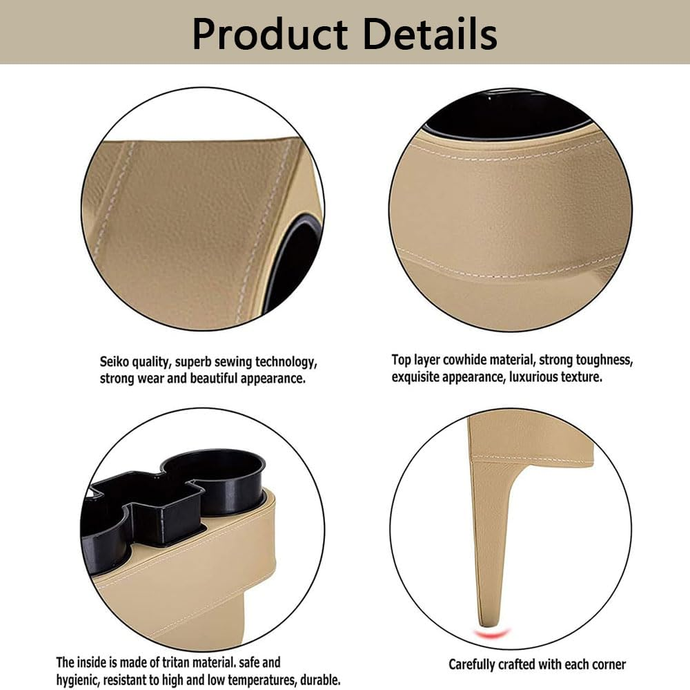 Car Seat Gap Organizer with Cup Holder &ndash; PU Leather Front Seat Side Pocket Storage Box with Phone Slot, Coin Holder and Console Gap Filler &ndash; Beige Car Interior Organizer image number 3