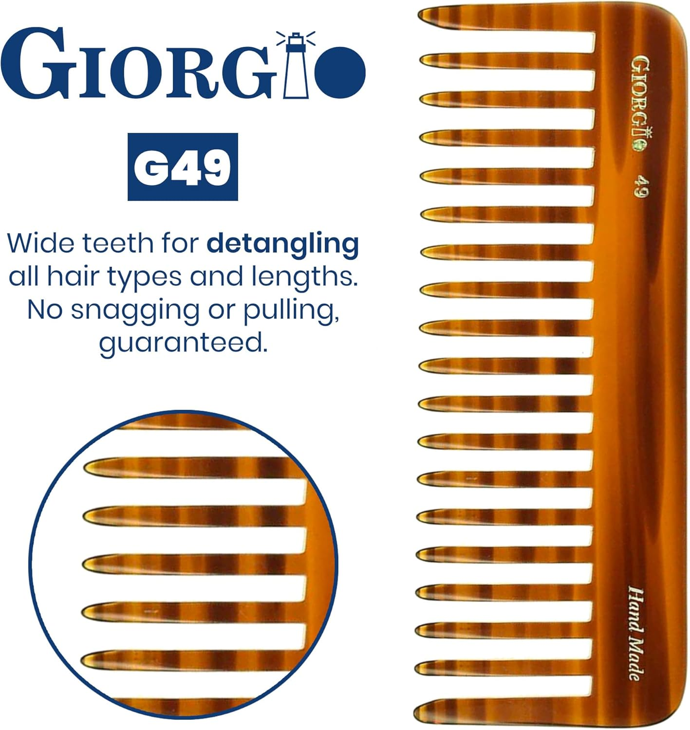 Giorgio G49 Large 5.75 Inch Detangling Comb, Wide Teeth for Thick Curly Wavy Hair. Long Hair Detangler Comb for Wet and Dry. Handmade of Quality Cellulose, Saw-Cut, Hand Polished, Tortoise Shell