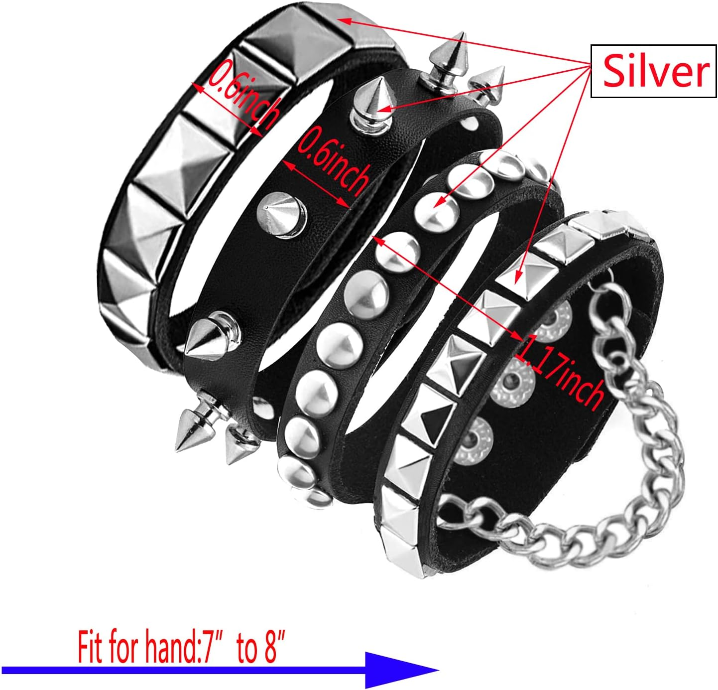 Tosmifairy 3 Pieces Punk Rock Leather Bracelets for Women Pop 80S 90S Emo Jewelry Accessories Retro Spiked Adjustable Wrap Wrist Cuffs image number 4