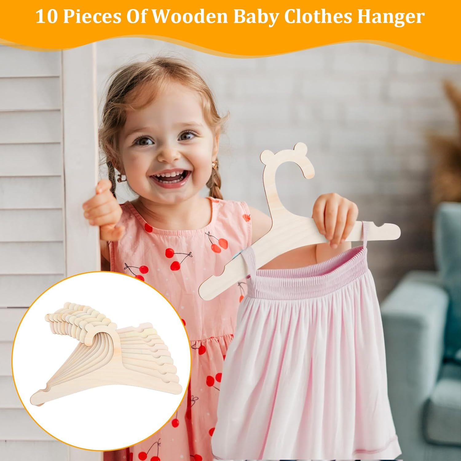 10 Pcs Wooden Baby Hangers for Clothes, 9-Inch Natural Wood Toddler Hangers with Cute Bear Ears, Anti-Slip Closet Newborn Organizer for Kids Children Girl Boy Pants Coats Suits Jackets image number 3