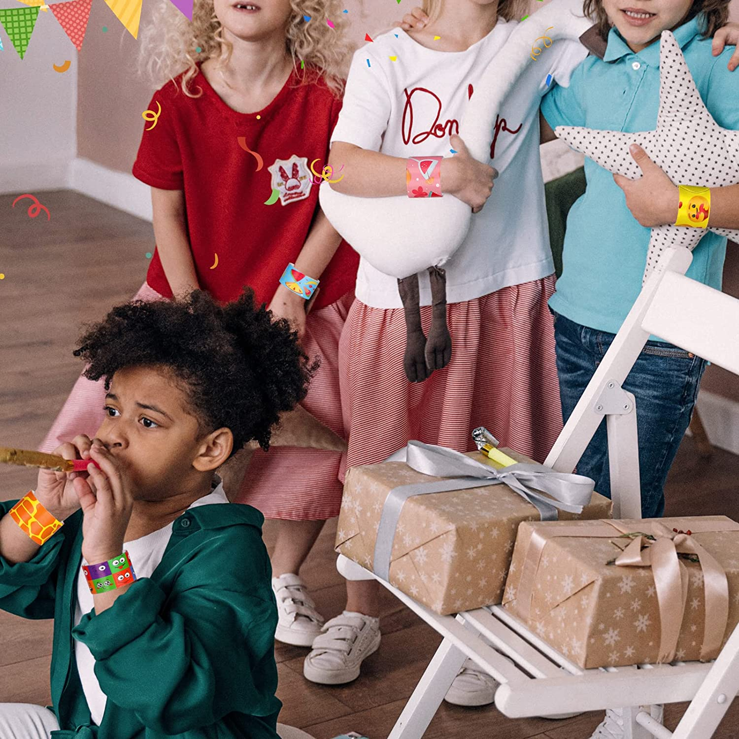 40 Pcs Slap Bracelets,Joogee Slap Wrist Bands with Designs Pattern Colorful Hearts Animal Slap Wrist Bands for Party Favors Bracelets Party Wrist Strap for Adult Teens Kids - 8.66" Assorted Colors image number 2