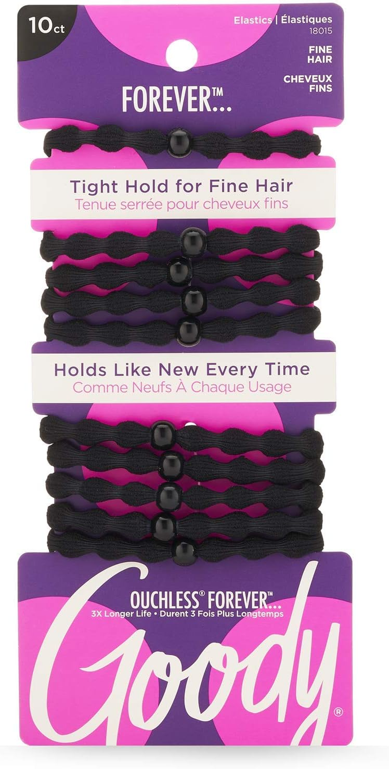 Goody Ouchless Forever Hair Elastics - 10 Ct, Black, Damage-Free Bands, 3X Stronger Hair Ties, Retainable Shape, 16 Strand Inner Core, Hair Accessories for Women & Men, for Fine Hair