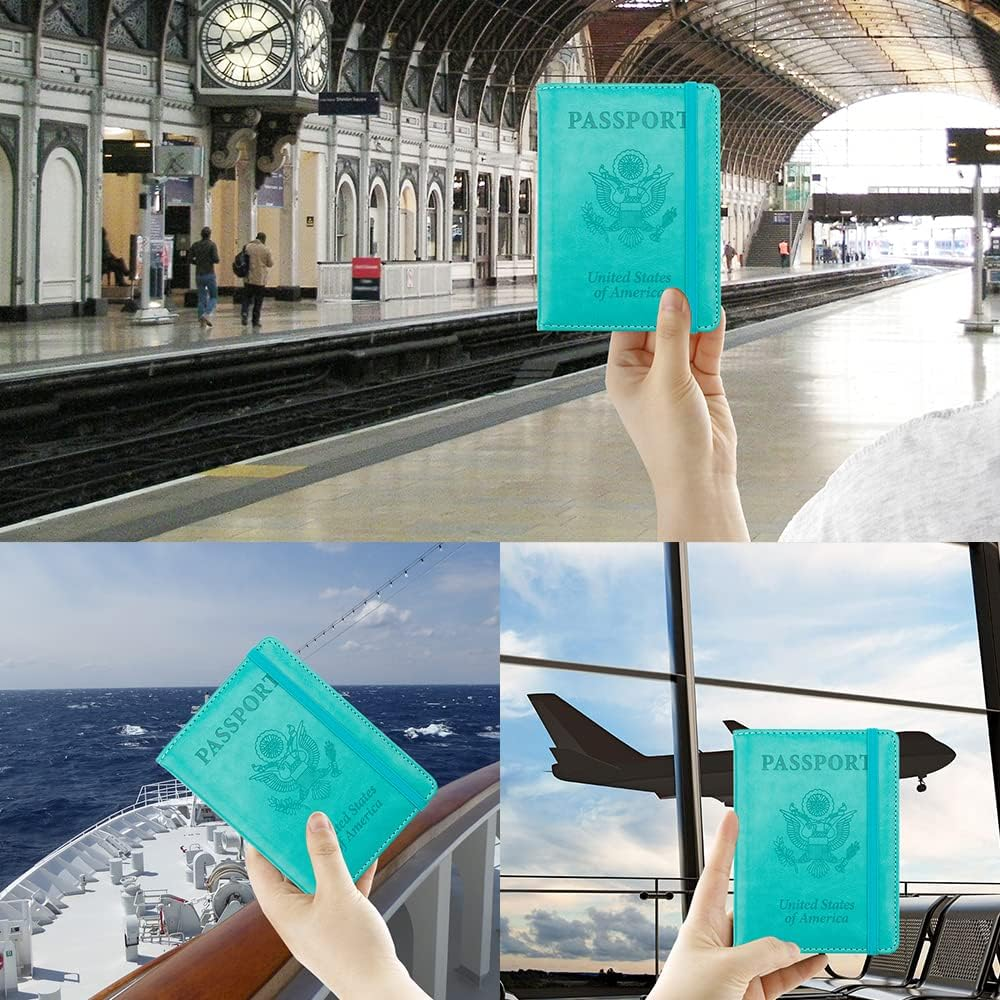 Passport Holder and Vaccine Card Holder, Passport Wallet Passport Cover with RFID Blocking, Lake Blue, Compact image number 3