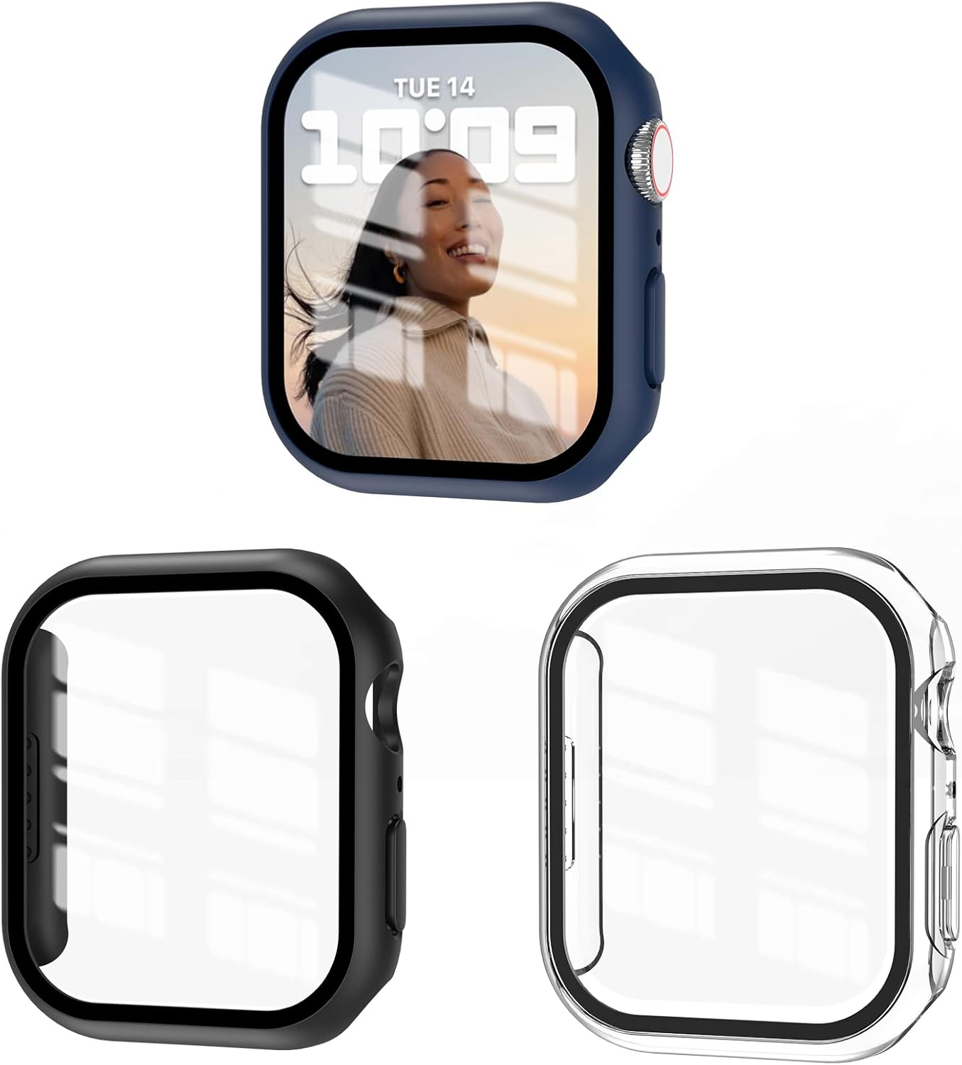 3 Pack Case Compatible with Apple Watch Series 8/7 45Mm with Tempered Glass Screen Protector, EWUONU Hard PC Full Coverage Ultra-Thin HD Bumper Protective Cover for Iwatch 45Mm, Black/Blue/Clear image number 6