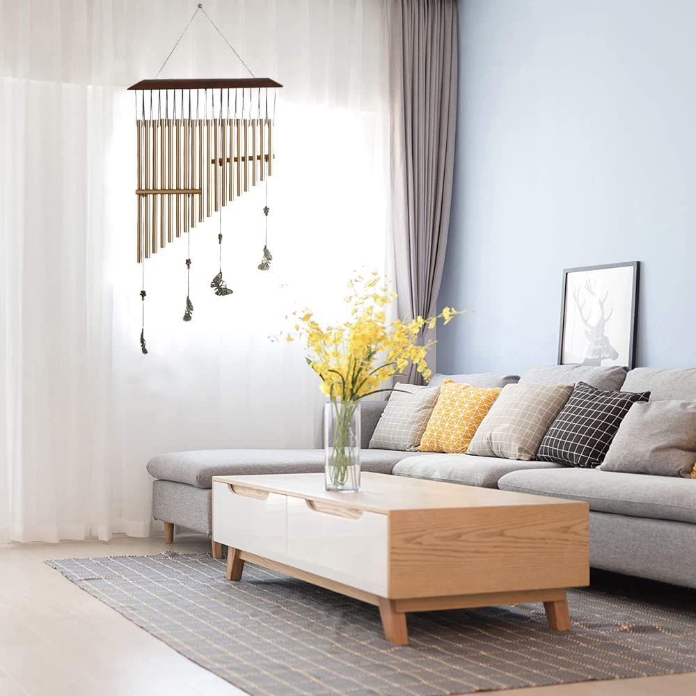 Harp Wind Chimes with 4 Butterflies, Vivid Tone Wind Bell for Love & Memories Vintage Hanging Decoration Indoor & Outdoor Handcraft Hanging Ornament image number 1