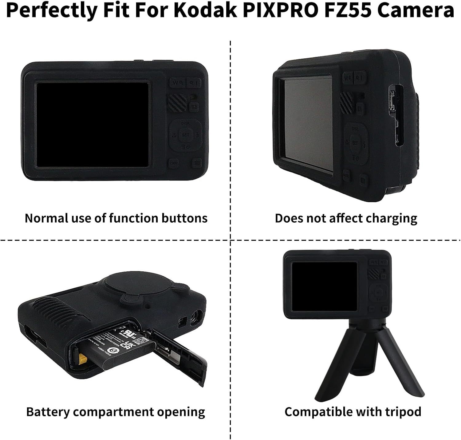 Rieibi Silicone Case for Kodak PIXPRO FZ55 Case, Accessories for Kodak PIXPRO FZ55 Camera Case with 2 Pcs Screen Protectors, Detachable Lens Cover for PIXPRO FZ55 Camera，Black - Black image number 3