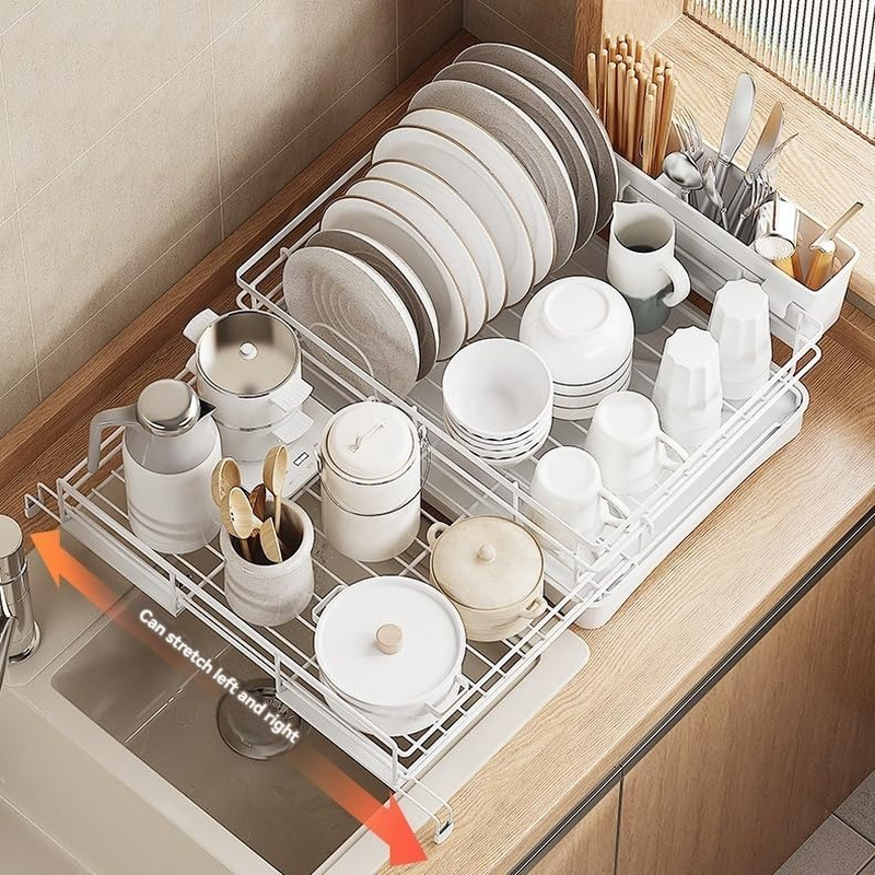 Dish Drying Rack Expandable Dish Drainers for Kitchen Counter,Over the Sink Dish Drainer Drying Rack,Rustproof Dish Drainer with Utensil Holder and Drainboard (White) image number 6
