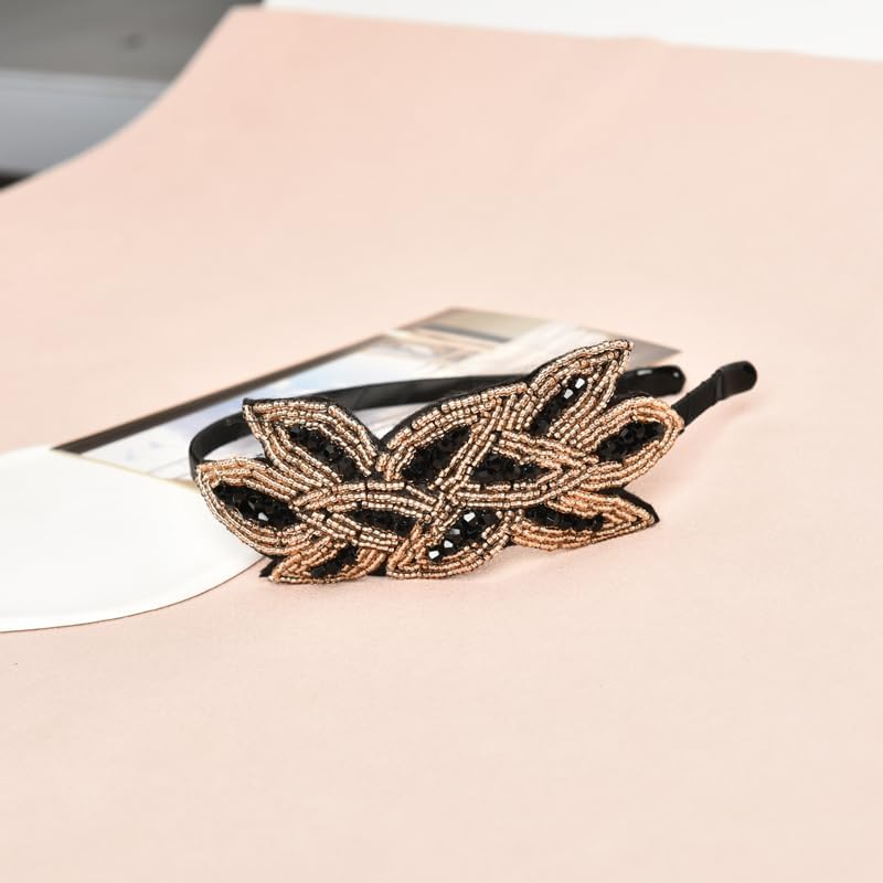 YALLNASL Vintage 1920S Flapper Headband for Women, Rhinestone Beaded, No Slip, 15'' Length, 1 Count (Pack of 1), Black and Gold with Rhinestone, Perfect for Themed Parties, Women, Girls