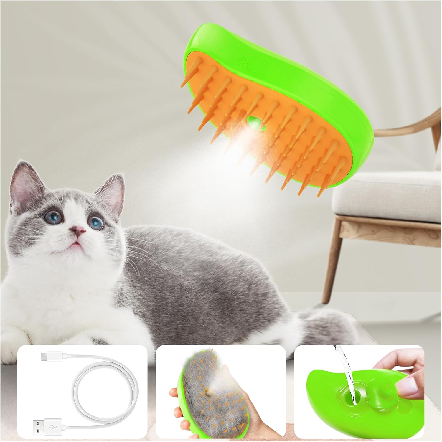 Cat Steam Brush, 3 In1 Steam Cat Brush, Steam Brush for Cats, Steamy Cat Brush, Rechargeable Silicone Steam Pet Brush, Multifunctional Pet Hair Comb for Removing Tangled and Loosse Hair (Green)