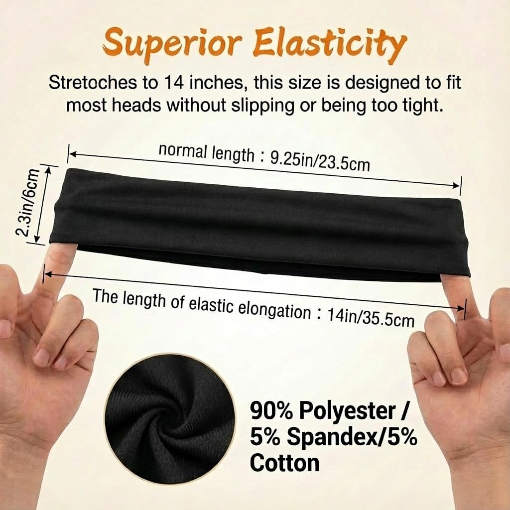 3 Pack Wide Headbands for Women Men - 6Cm Stretchy Sweatband, Non-Slip Soft Sports Head Band for Running Gym Yoga Workout Fitness image number 6
