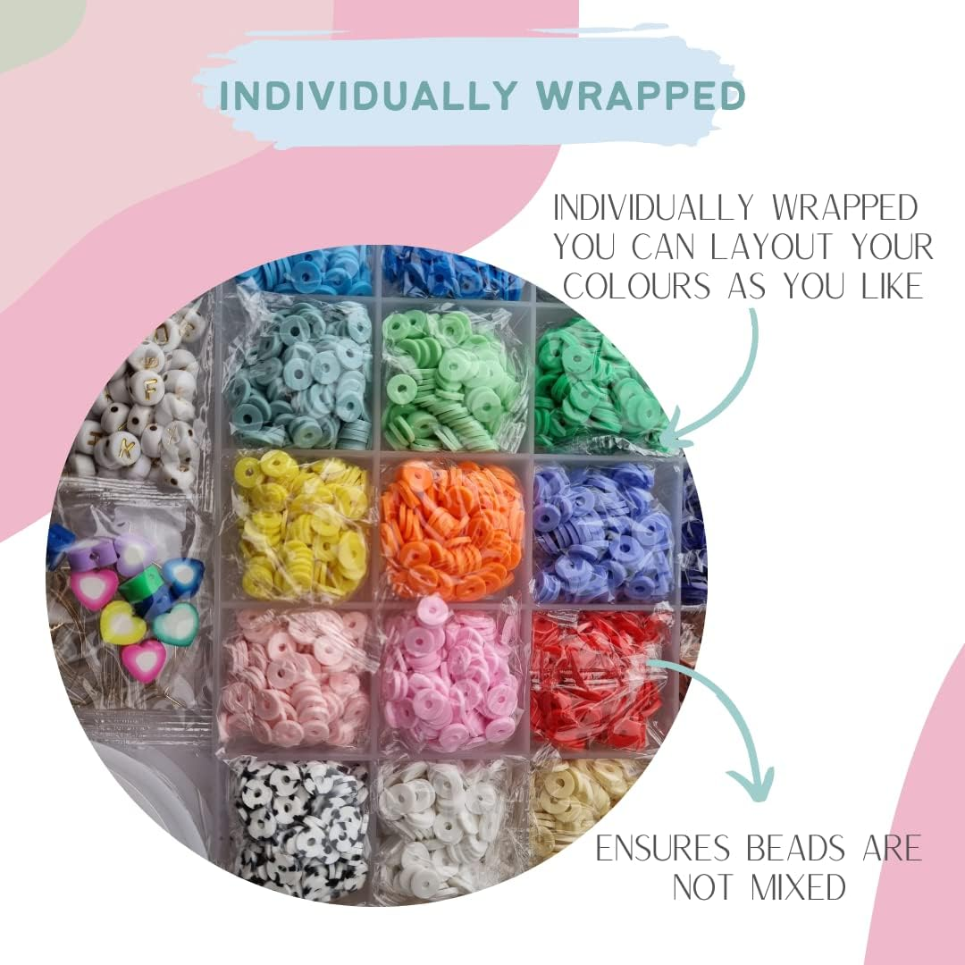 LIV&LOVE Polymer Clay Beads Set, DIY Heishi Beads for Jewellery Making, Flat Clay Polymer Beads for Bracelet Making Kit (PASTEL + SOFT GOLD Clay Bracelet Clay Beads Kit) image number 3