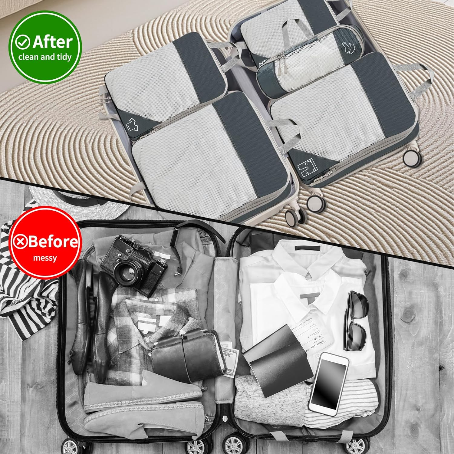 9 Pcs Lightweight Compression Packing Cubes Set, Expandable Water-Resistant Travel Organizer for Suitcase & Carry-On Luggage, Space-Saving Travel Accessories (Multi-Size, Grey) image number 5