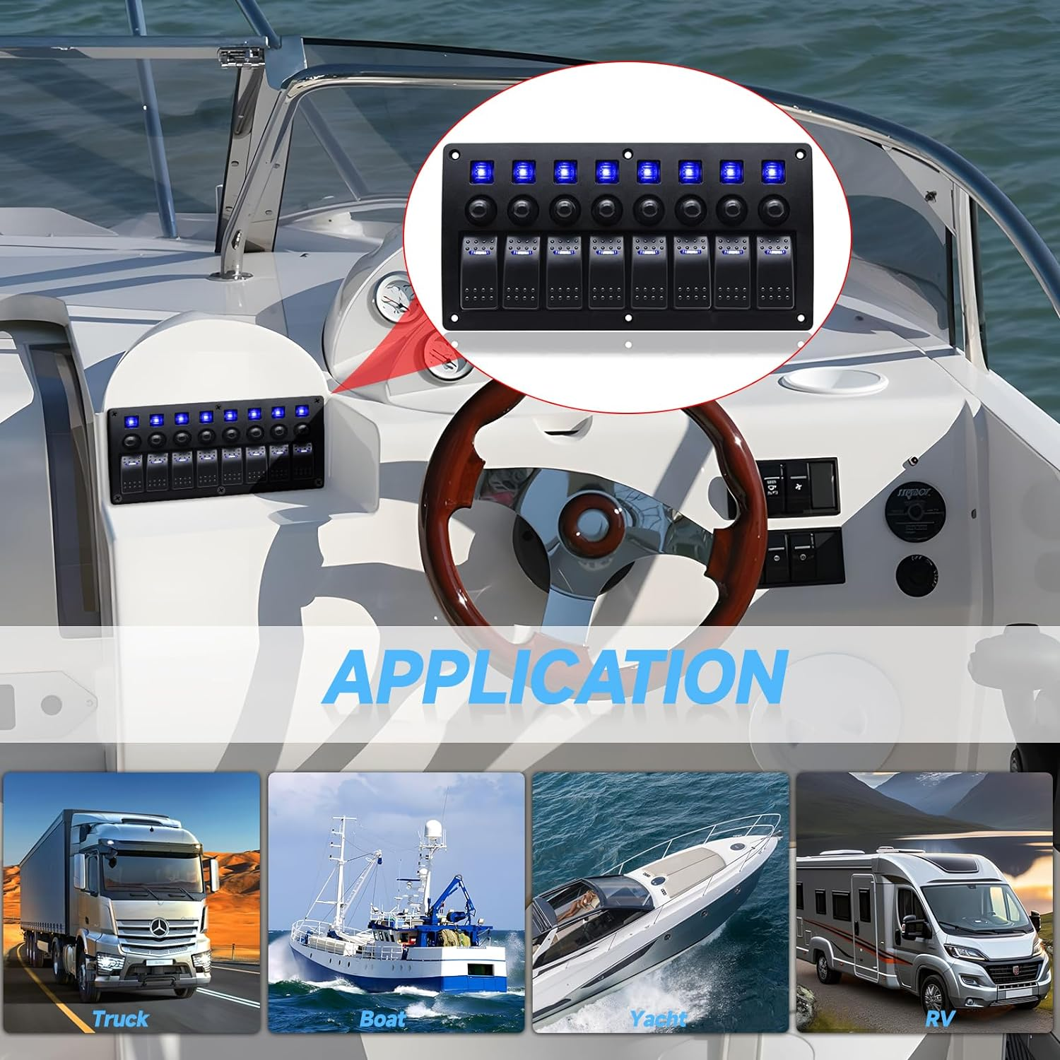 Waterproof Marine Boat Rocker Switch Panel 8Gang Blue Led Toggle Switch On-Off 3 Pin Circuit Breaker for RV Vehicle Truck Trailer Yacht ATV (8 Gang Blue) image number 5