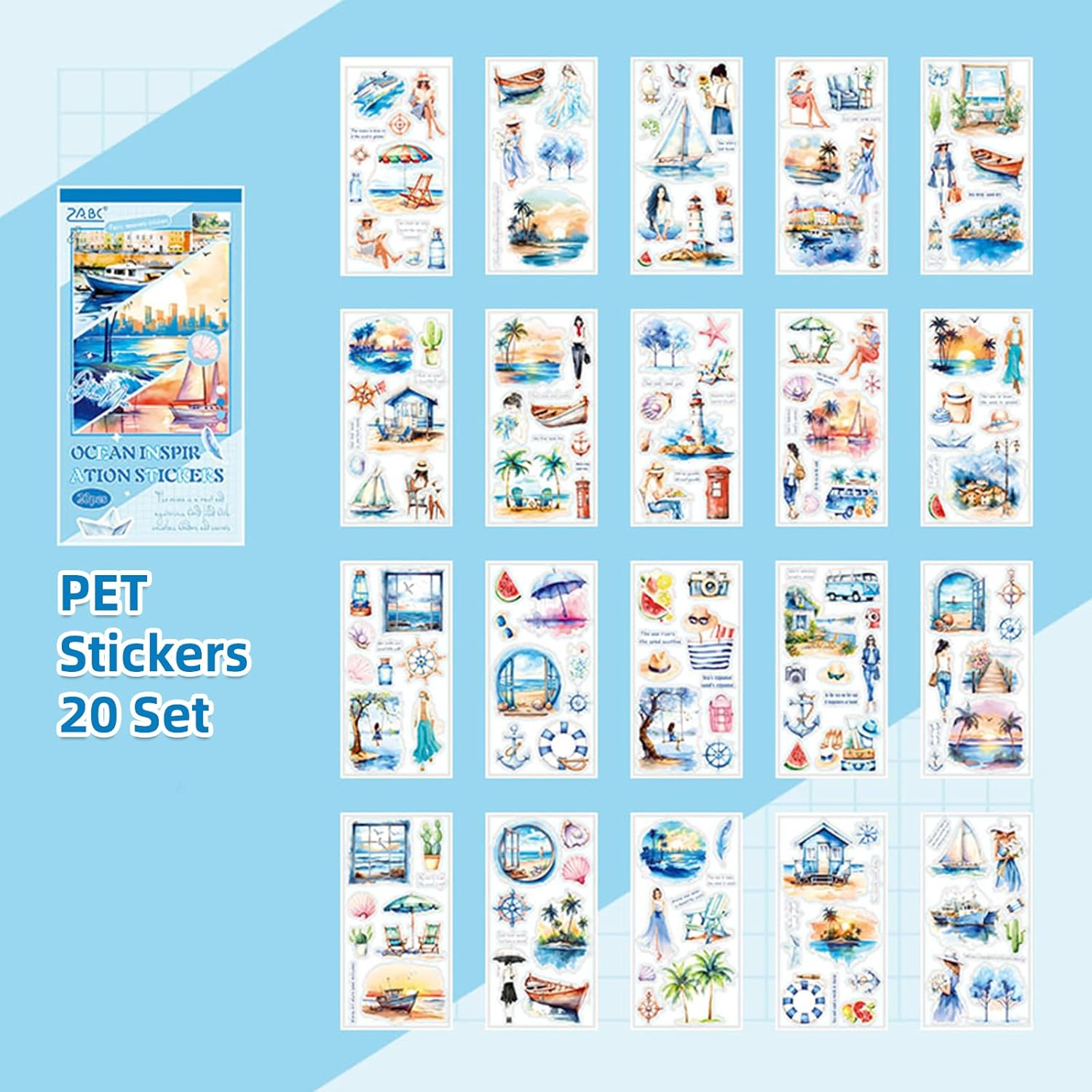Uideyvi Blue Ocean Series Sticker Scrapbooking Supplies for Junk Journal, 20 Sheets PET Stickers - Vintage Journaling Stickers, Ephemera Sticker Book Pre Cut(Tz-007-001) image number 3