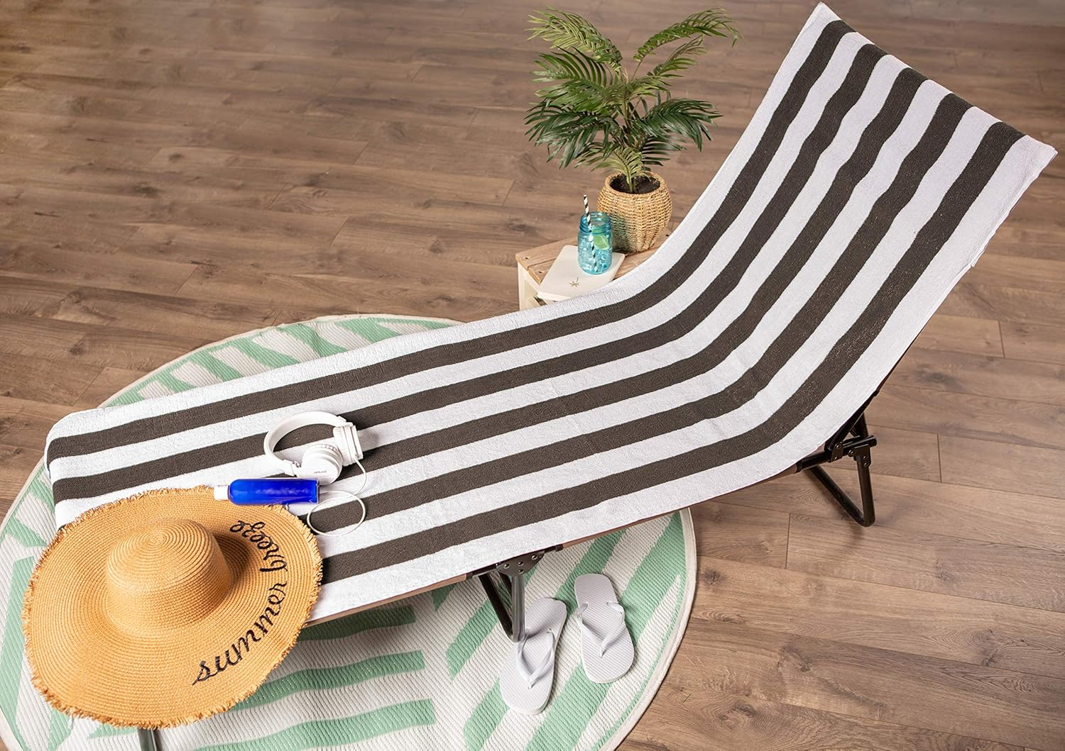 J & M Home Fashions Stripe Beach Lounge Chair Towel with Fitted Top Pocket, 26X82, Stone - Hunter Green image number 7