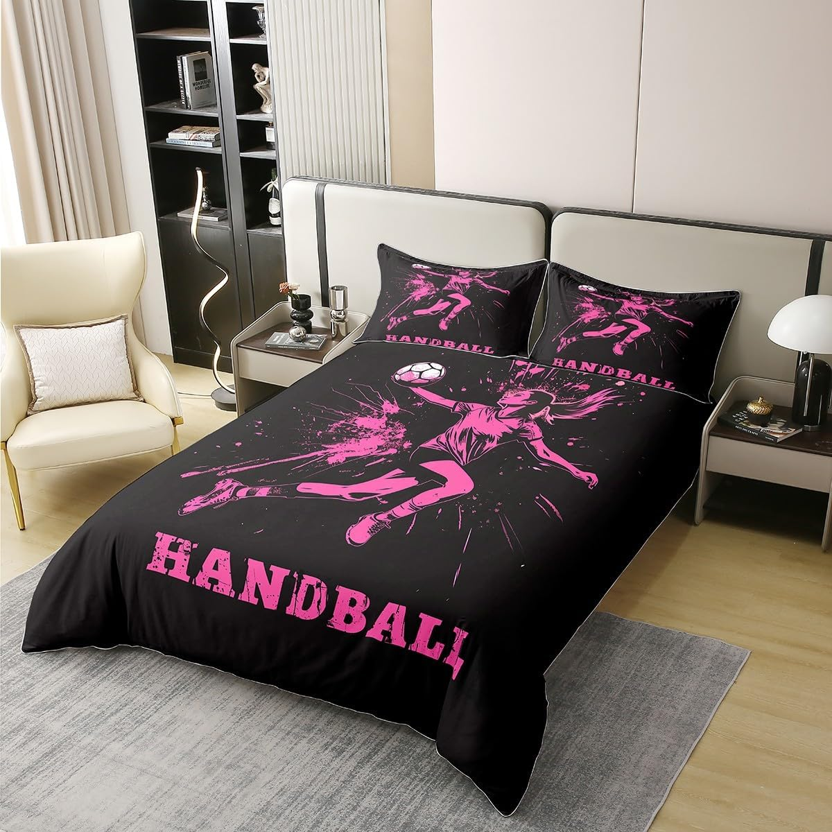 Homewish Ball Games Cotton Duvet Cover Set for Children Boys Girls Handball Bed Linen 155 X 220 Cm Ink Splash Graffiti Black Pink Bedding Set Bed Set Room Decor Soft 2-Piece image number 5