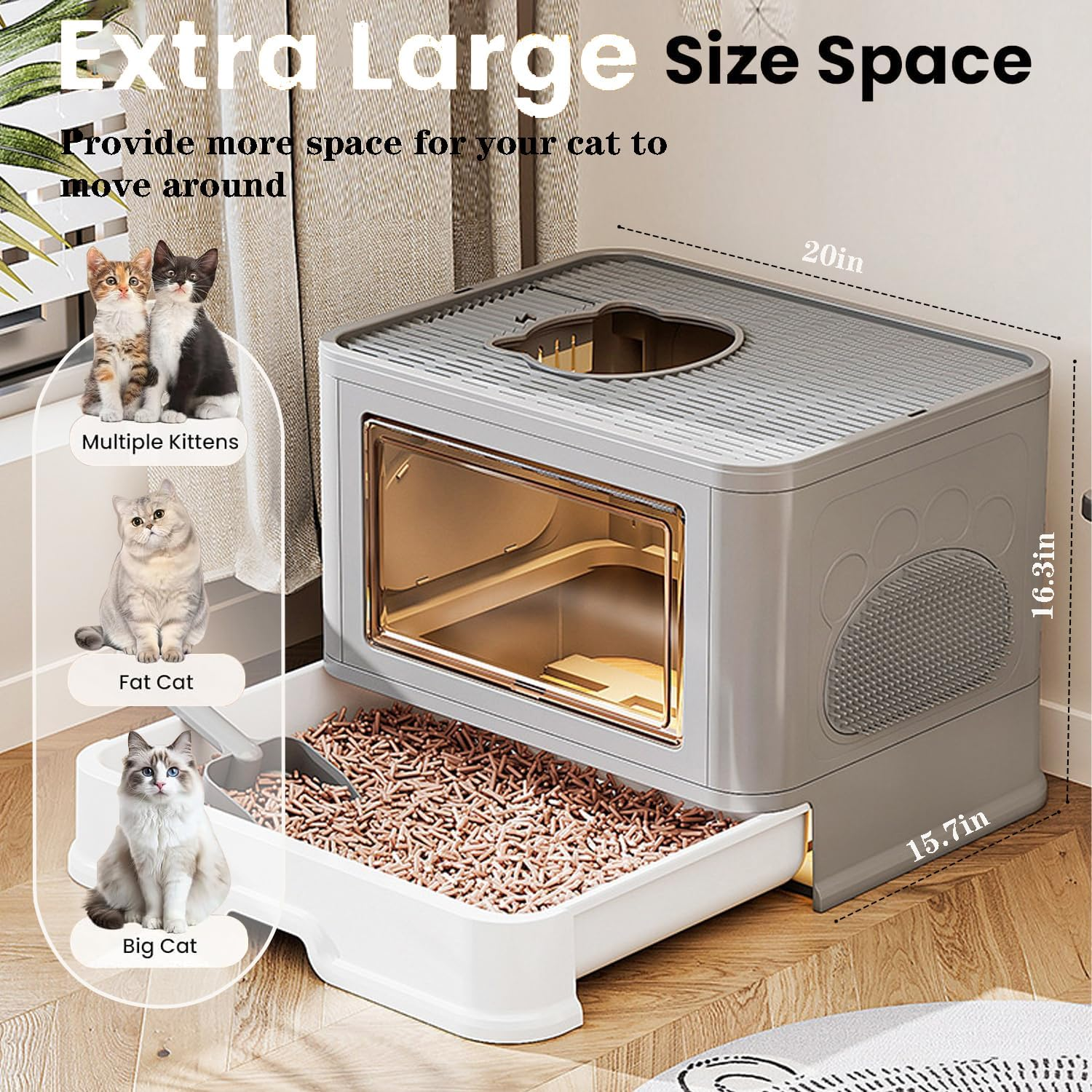 Enclosed Cat Litter Boxes, Kitty Litter Box, Large Cat Potty Front Entry Top Exit, Drawer Type Cat Toilet Easy Clean with Fashion Cat Litter Scoop image number 4