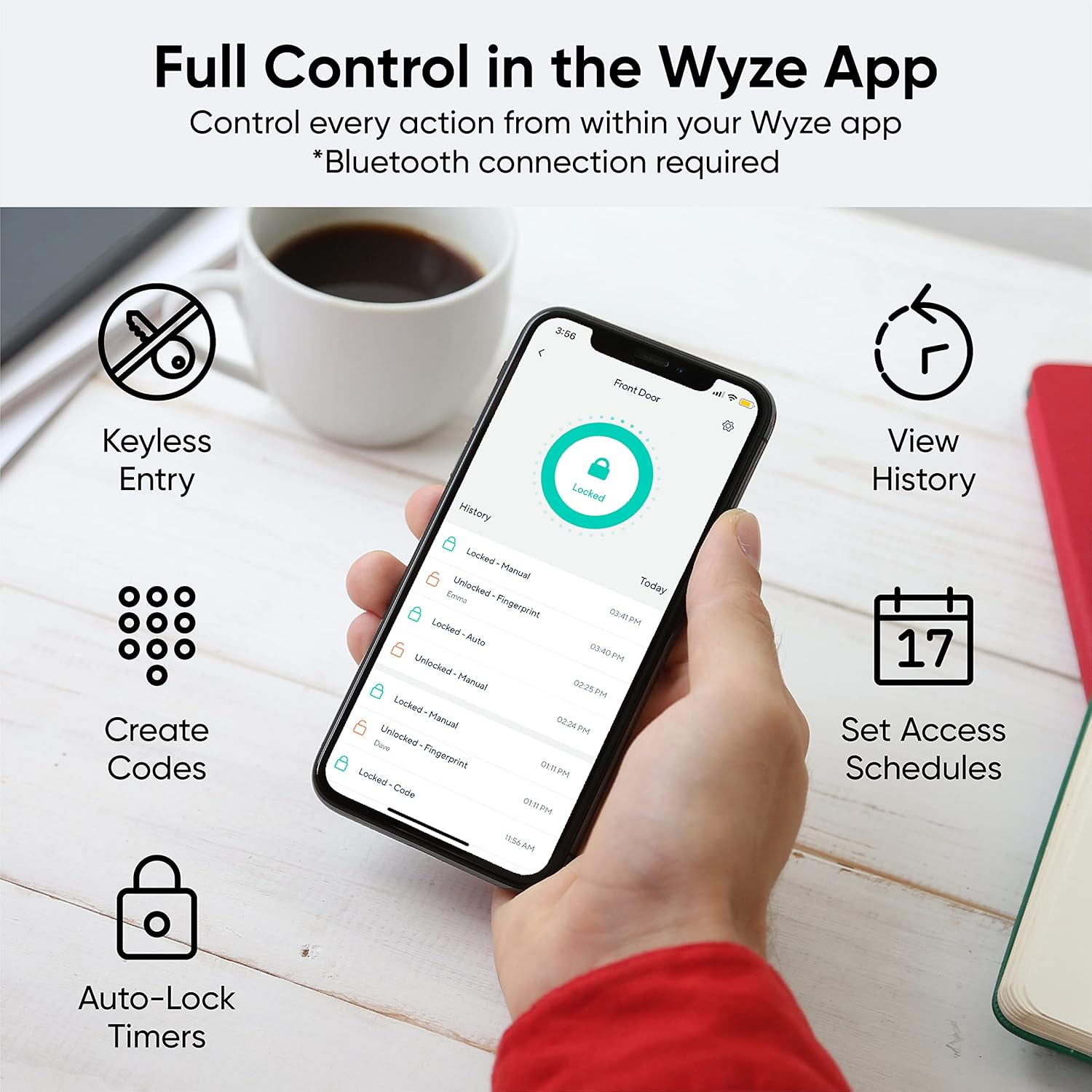 Wyze Auto-Lock Bolt, Fingerprint Keyless Entry Door Smart Bluetooth Deadbolt Replacement, Backlit Keypad, IPX5 Weatherproof, In-App History and Scheduled Access, BHMA, UL 20-Min Fire Rated image number 4