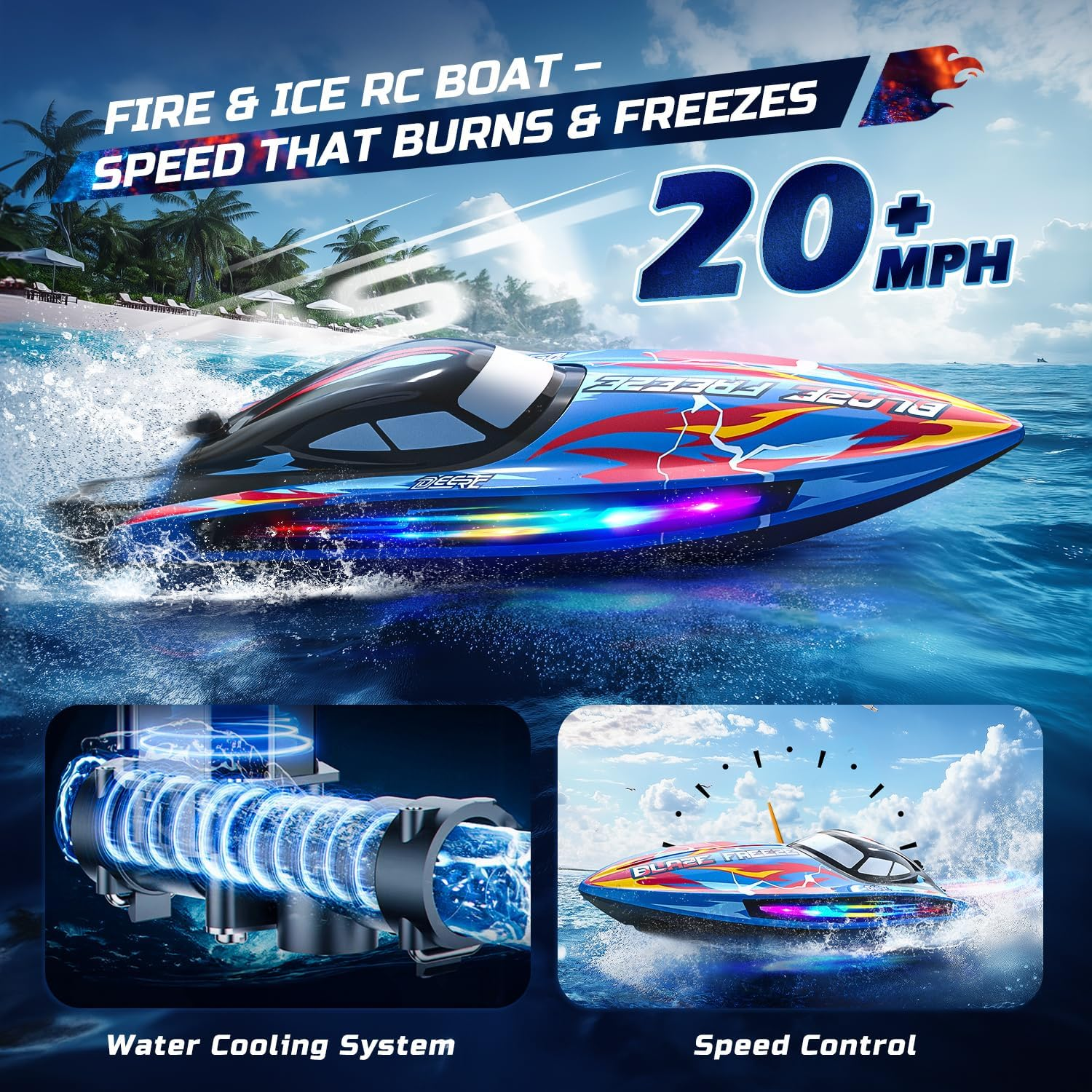DEERC RC Boat with 7 LED Light Modes, 20+MPH, 40+ Mins, Self Righting Remote Control Racing Boat for Pool & Lake, 2.4Ghz Summer Water Toy for Kids image number 2