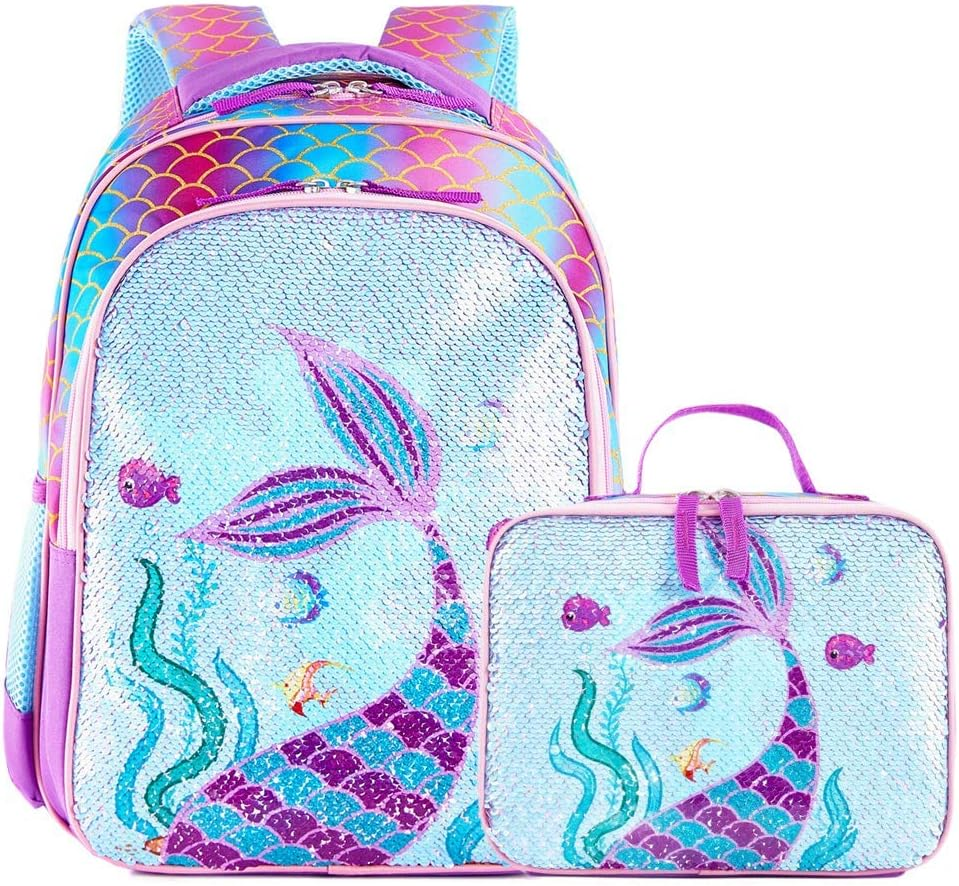 Reversible Sequin School Backpack Lightweight Little Kid Book Bag with Lunch Bag Set for Preschool Kindergarten Elementary