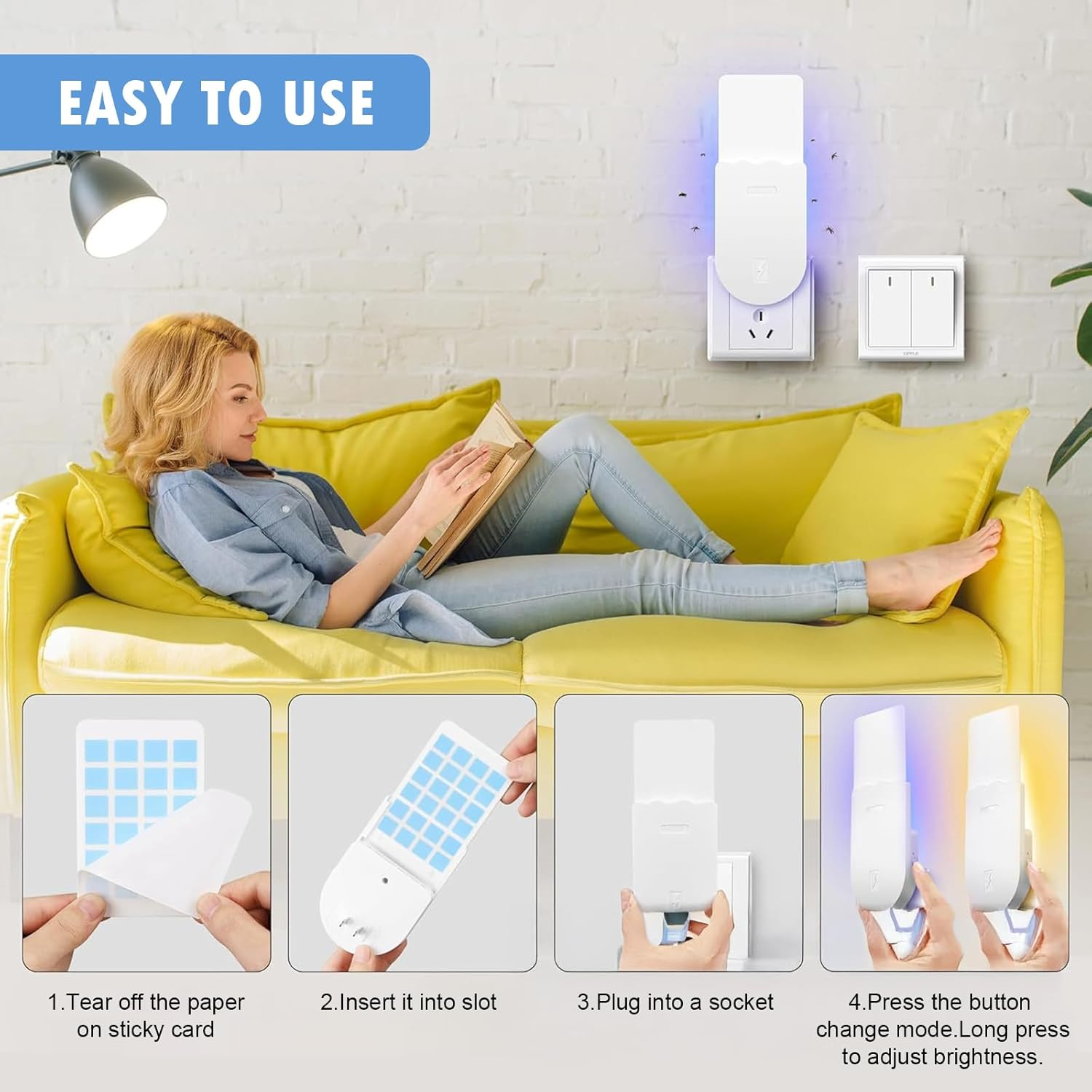 2 Pack Flying Insect Trap, 2 in 1 Indoor Plug-In Mosquito Killer, Fly Trap for Flies, Fruit Flies, Moths & Gnats, UV Attractant Catcher & with Stepless Dimming Night Light,10Pcs Adhesive Cards image number 4