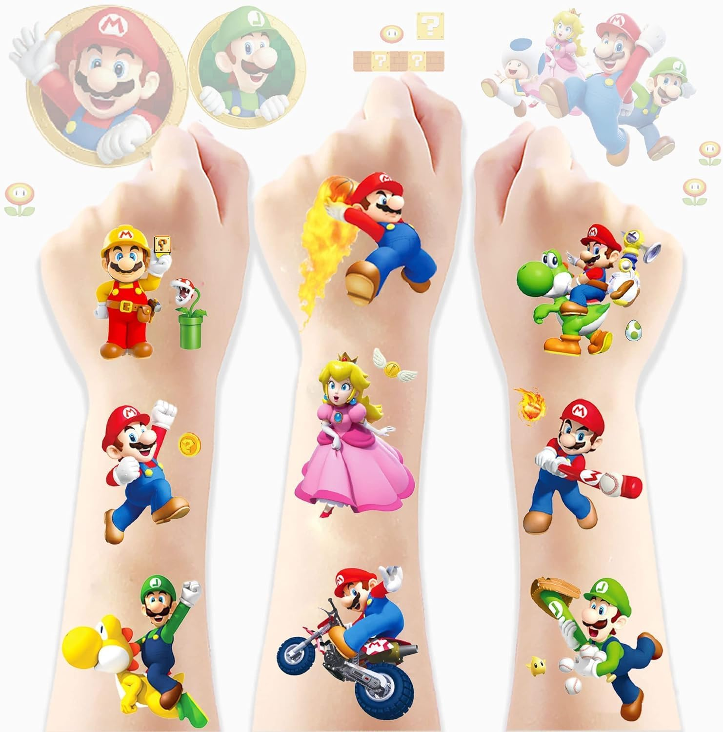 TAIMOWEI Super Mario Temporary Tattoos for Kids(8 Sheets) Cute Fake Tattoos Stickers for Birthday Party Supplies Favors image number 1