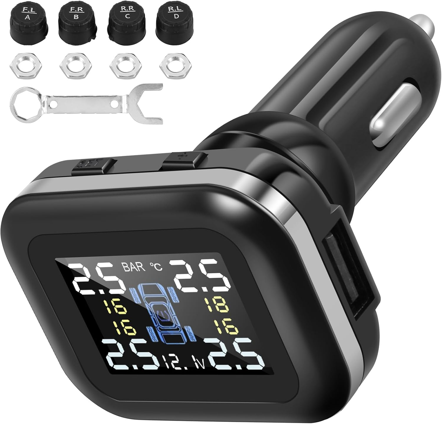 Tire Pressure Monitoring System TPMS Wireless Real-Time Tire Pressure Monitor System with 4 External Sensors and 6 Alarm Modes Adjustable Display Angle Tire Pressure Monitor for Car(Black)