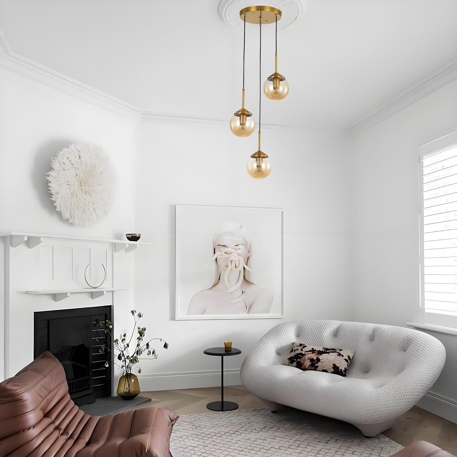 Industrial Vintage 3 Lights Pendant Light,Glass Globe 3 Pendants Ceiling Light, Brass E27 Hanging Lamp Cluster over Kitchen Island & Dining Room Table (Amber) image number 4