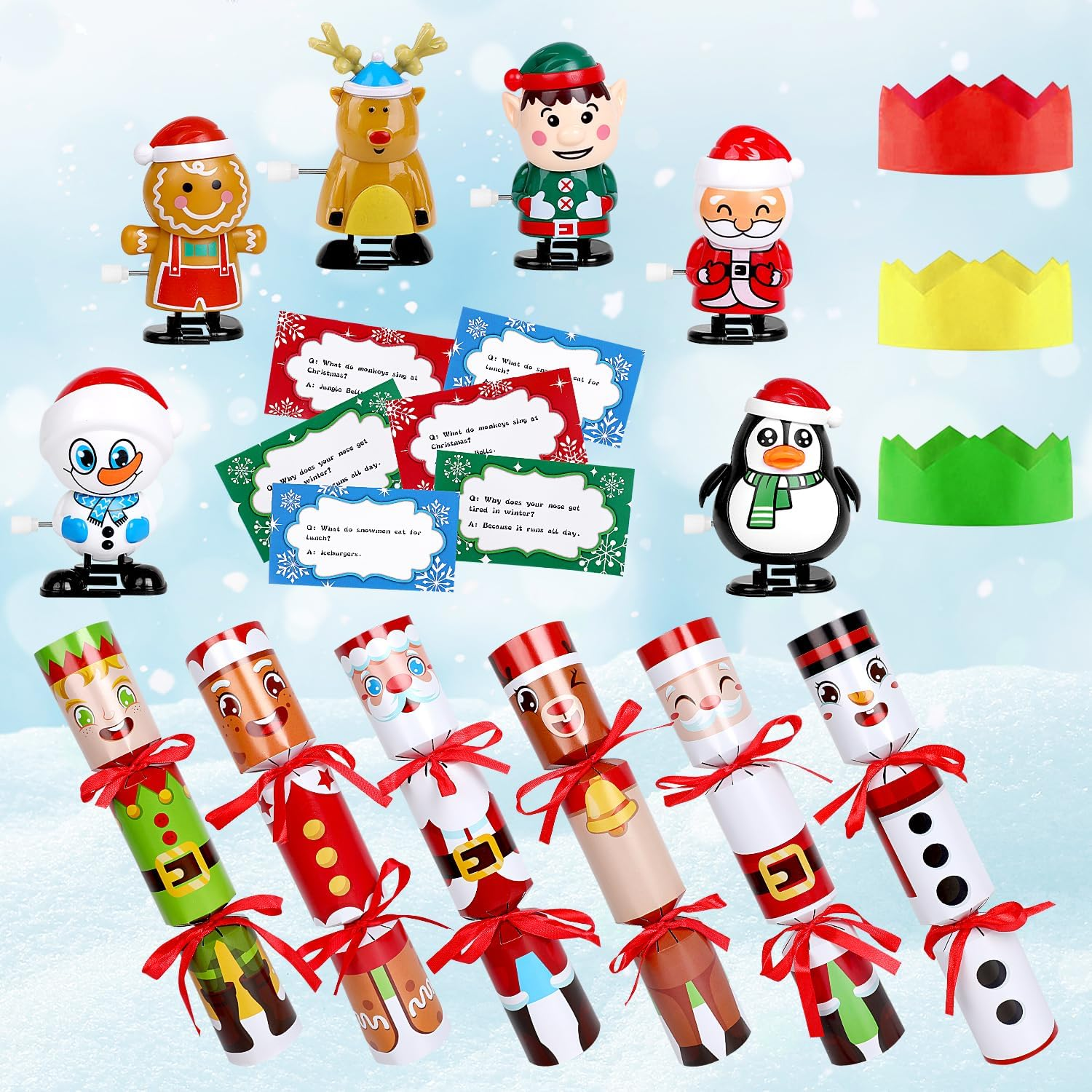 VEYLIN Christmas Crackers, 6 Pack Christmas No-Snap Crackers Crackers for Kids Party Table Favor with Wind up Toys, Party Hat & Joke Christmas Seasonal Holiday Dinner Traditions image number 5