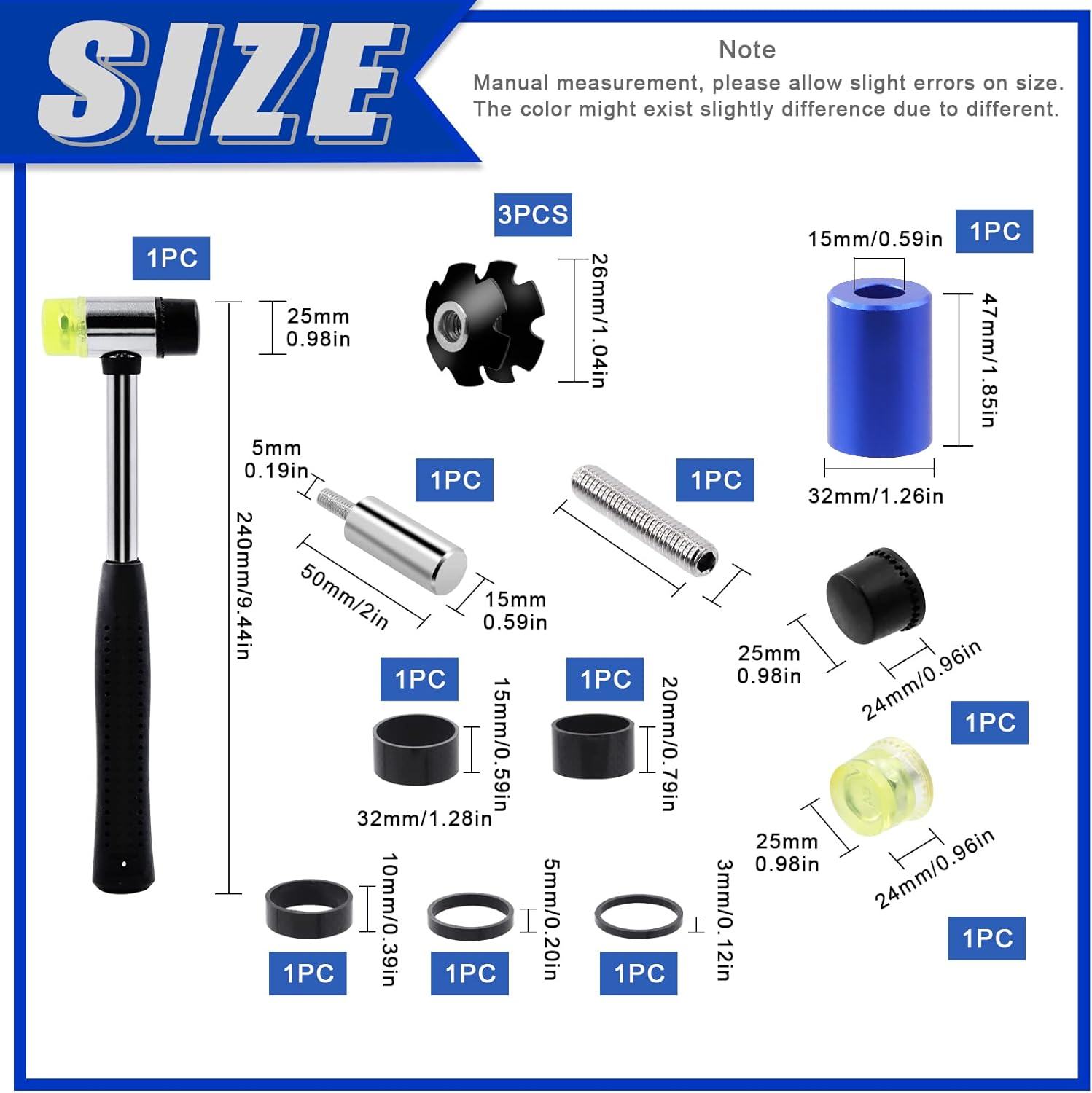 Glarks 15Pcs Bike Fork Star Nut Headset Spacer Installation Tool Kit, Bike Fork Installer Setting Tool and Rubber Hammers with Star Nuts and 3/5/10/15/20Mm Bicycle Carbon Fiber Headset Spacer Kit image number 3