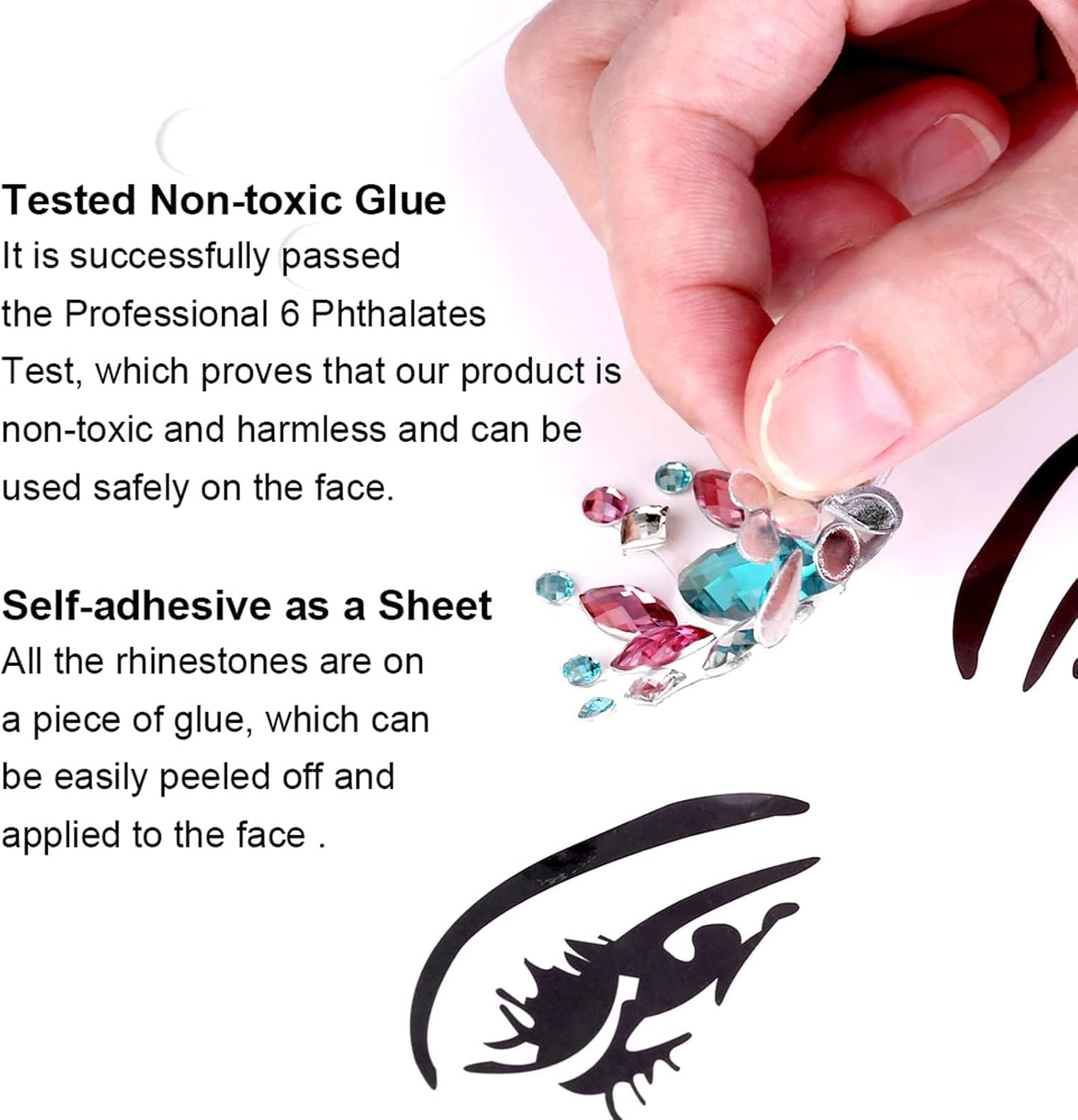 2 Pcs Black Face Gems，Eco-Friendly Resin Material Self-Adhesive Mermaid Face Jewels Stick on Stickers Glitter Face Makeup Gems for Kids Festival Forehead Decorations