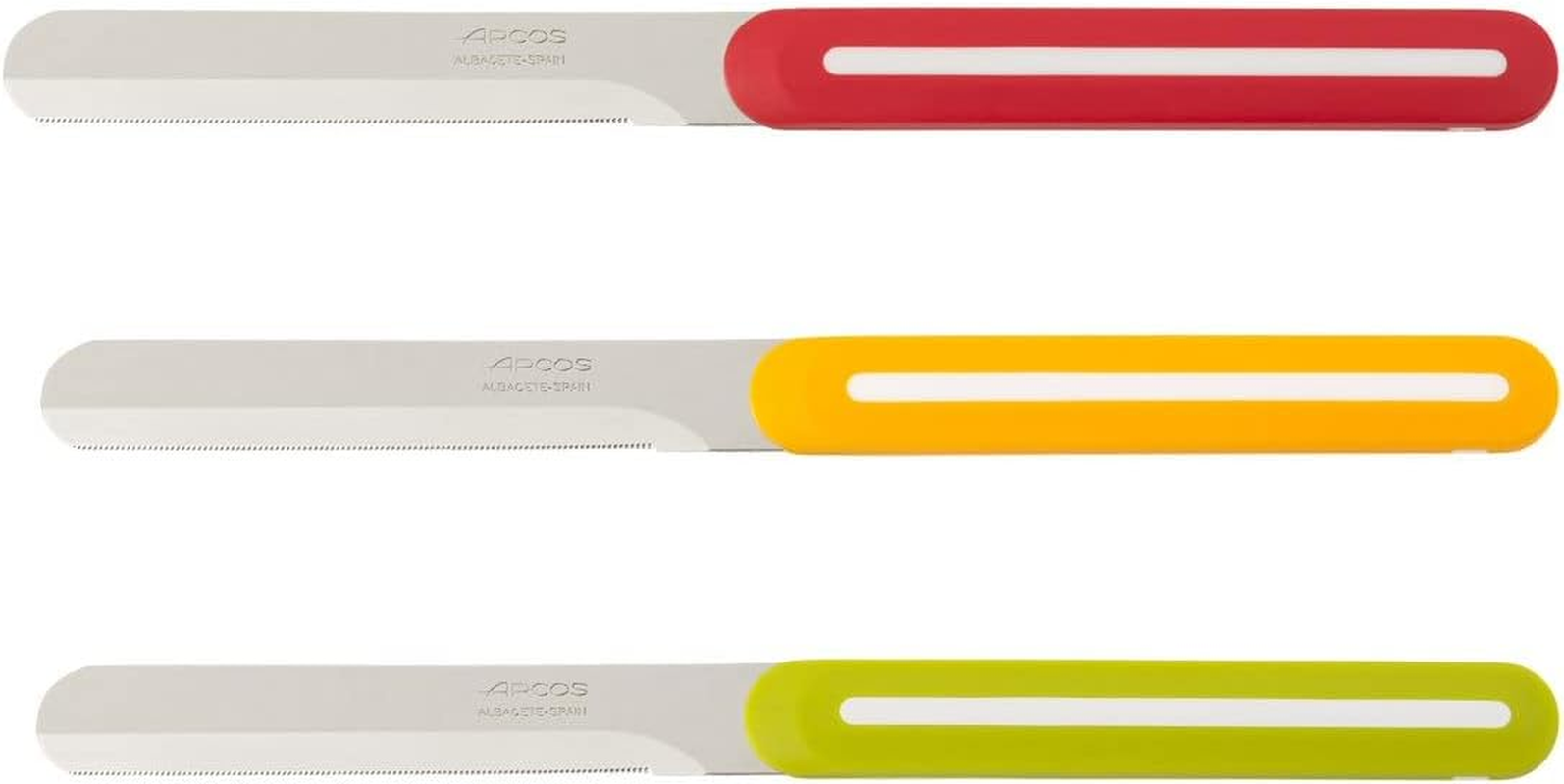 Arcos Paring Knife Set of 3 Pieces 4 Inch Stainless Steel. Colorful Kitchen Knives for Peeling Fruits and Vegetables. Ergonomic Polypropylene Handle. Serie B-Line. Color Orange, Red and Green.