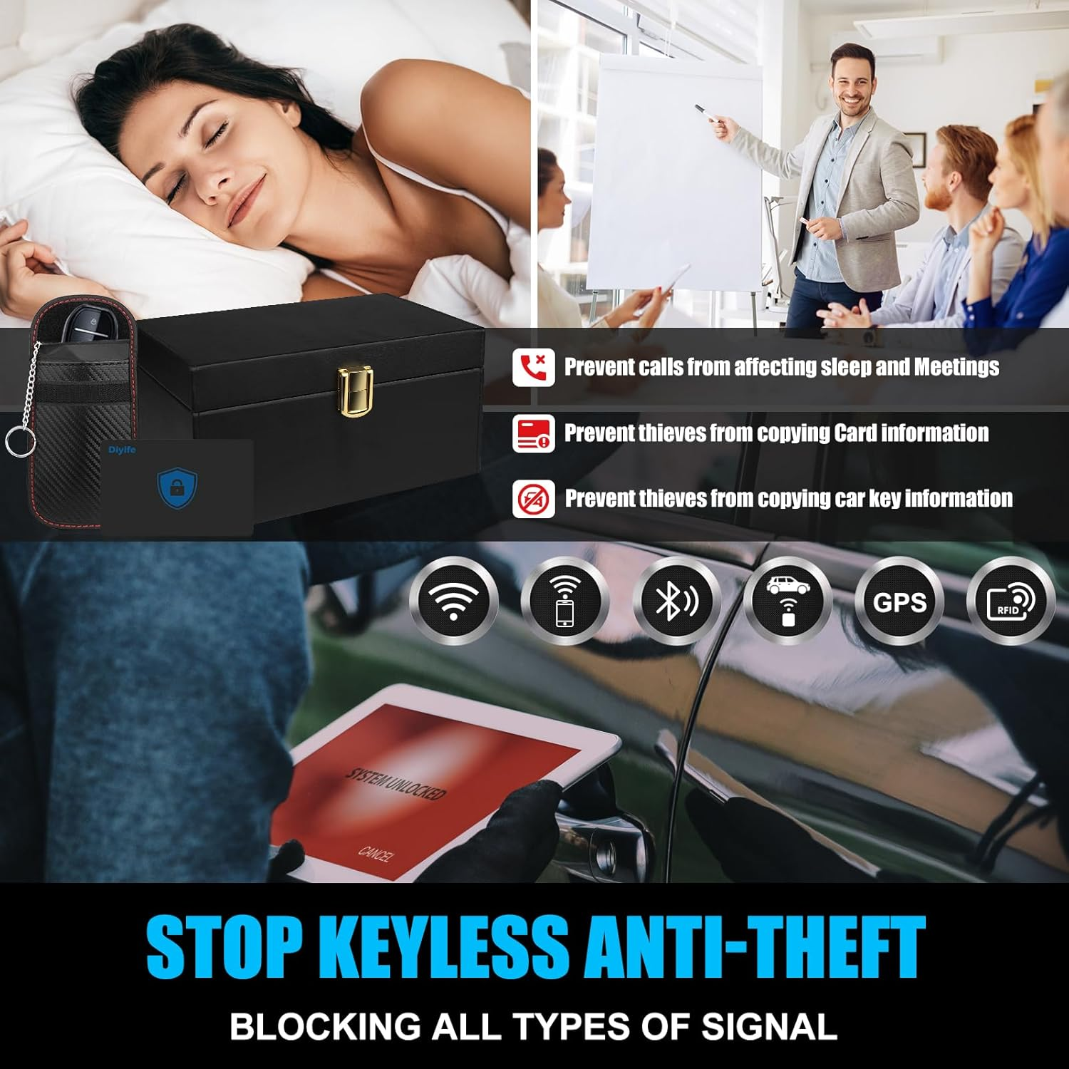 Diyife Classic Large Car Key Signal Blocker Box, plus 2 Pack Faraday Pouch & Blocker Cards, Anti-Theft Key Fob Protector, RFID Signal Blocking Box, 8-12 Car Keys Capacity, Black, Leather image number 2