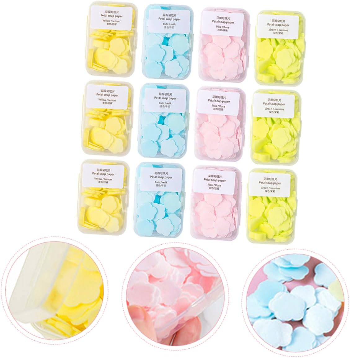BELLIFFY 16 Boxes of Disposable Paper Soap Sheets Travel Hand Soap Flakes in Lemon Milk Rose and Jasmine Scents Portable Mini Slices for Outdoor and On-The-Go Use image number 6