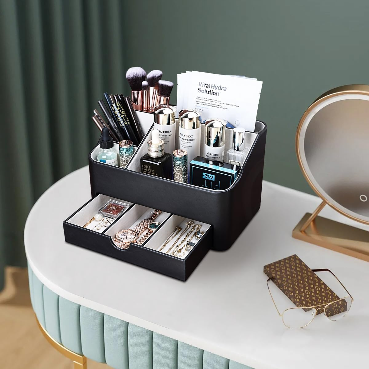 KINGFOM Desk Organizer with Drawer, Multifunction Pencil Holder for Desk, Desk Organizer and Accessories 5 Comparetments for Home Office Supplies (Black) image number 2