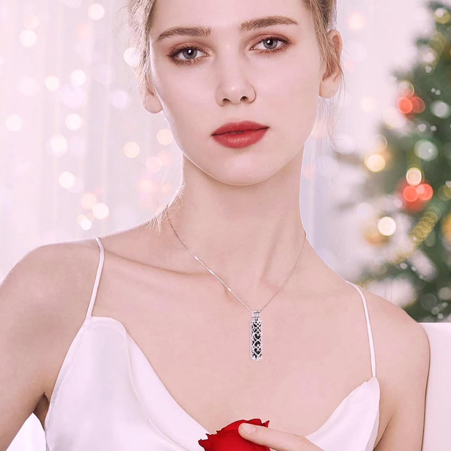 Cylinder Cremation Necklace for Pet Ashes, Black Urn Necklace for Dog/Cat Pet, Stainless Steel Keepsake Jewelry Gifts - Rose Gold-Plated image number 2