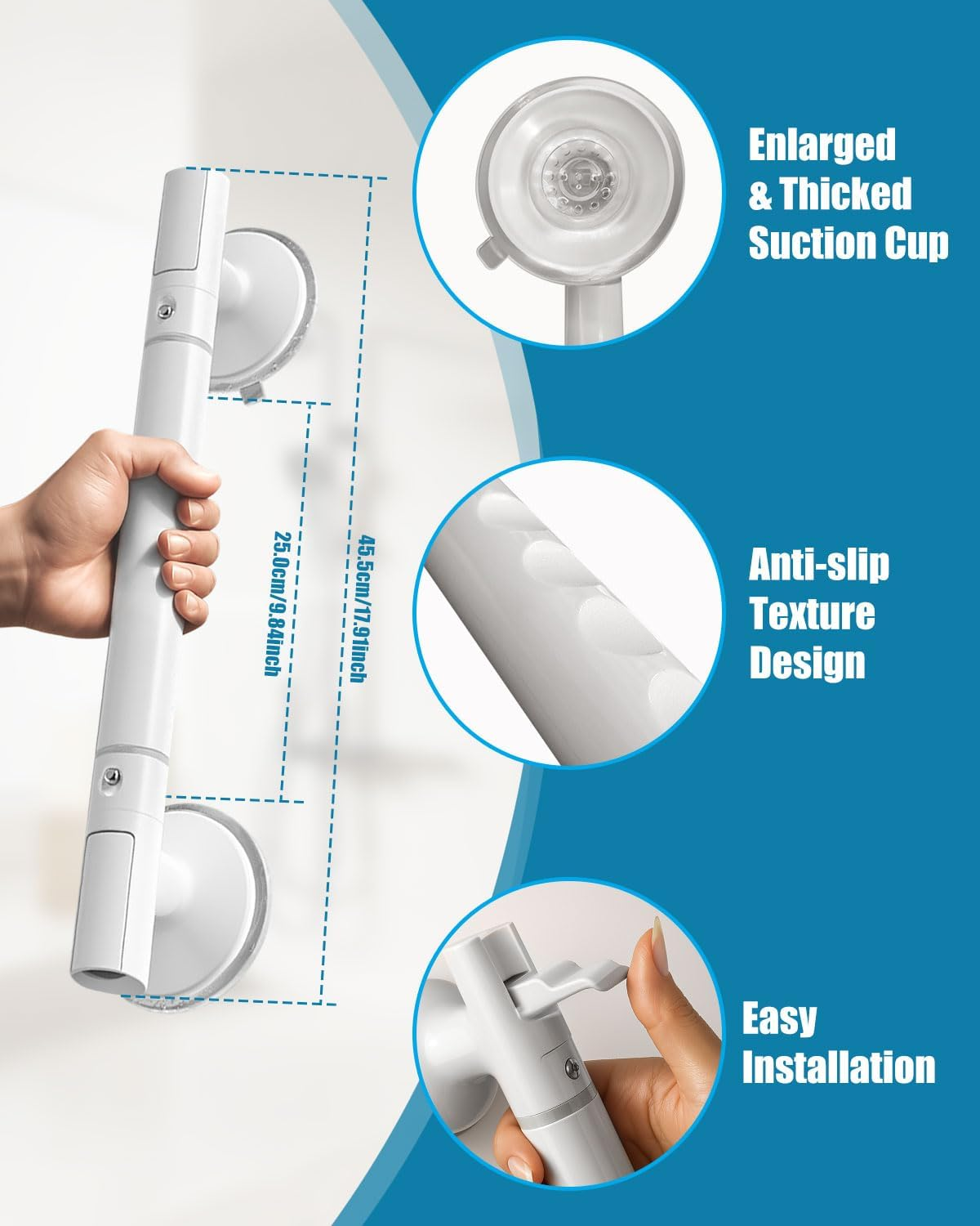 Grab Bars for Bathtubs & Showers - 2 Pack Grab Bar Strong Suction for Seniors and Elderly, Removable Bathroom Shower Handle 45CM / 17.72Inch, Heavy Duty Safety Grip Handrails, No Drilling image number 5