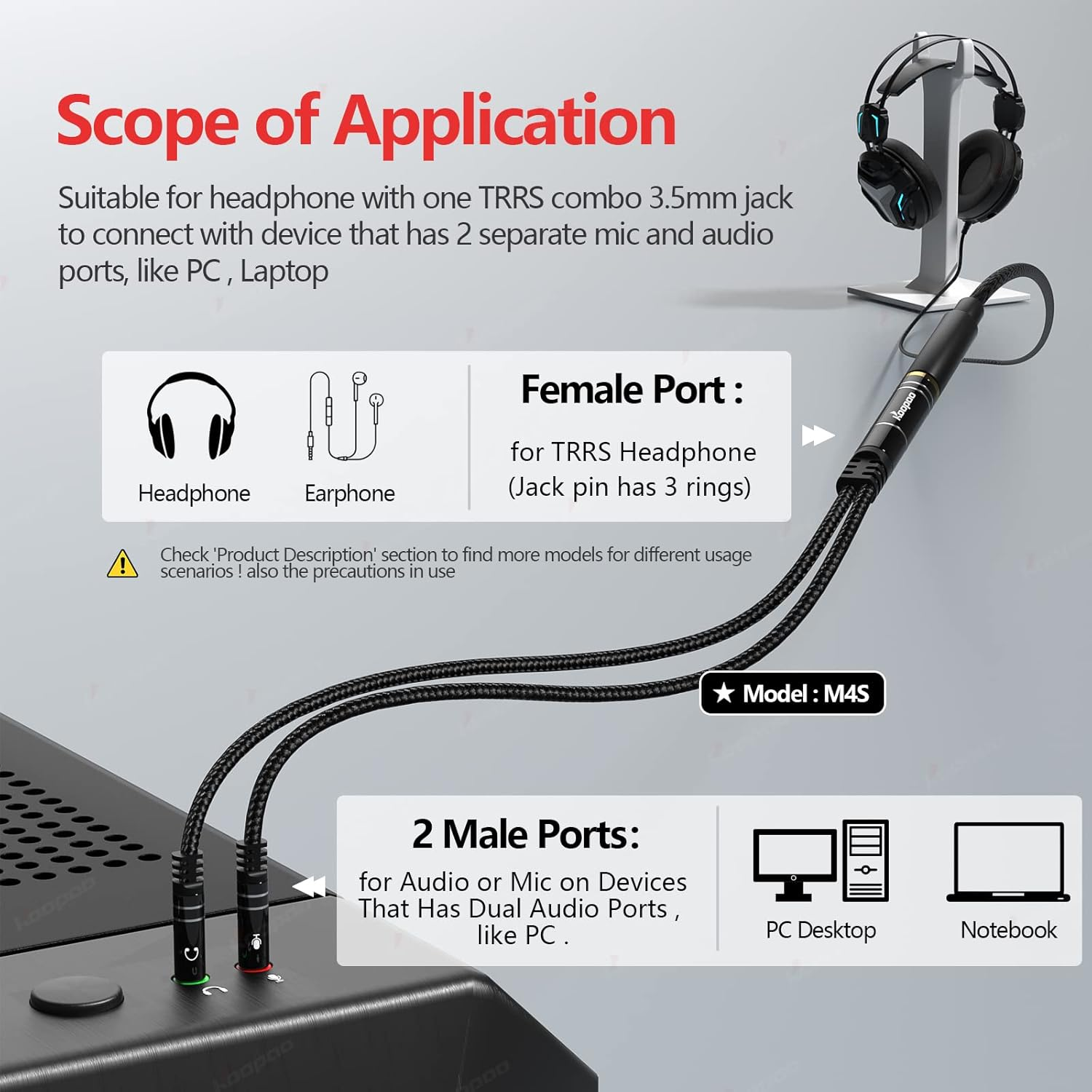 Headphone 3.5Mm Splitter Mic Cable for Computer, KOOPAO Headset 3.5Mm Female to 2 Dual Male Microphone Audio Stereo Jack Earphones Port to Gaming Speaker PC Adapter image number 6