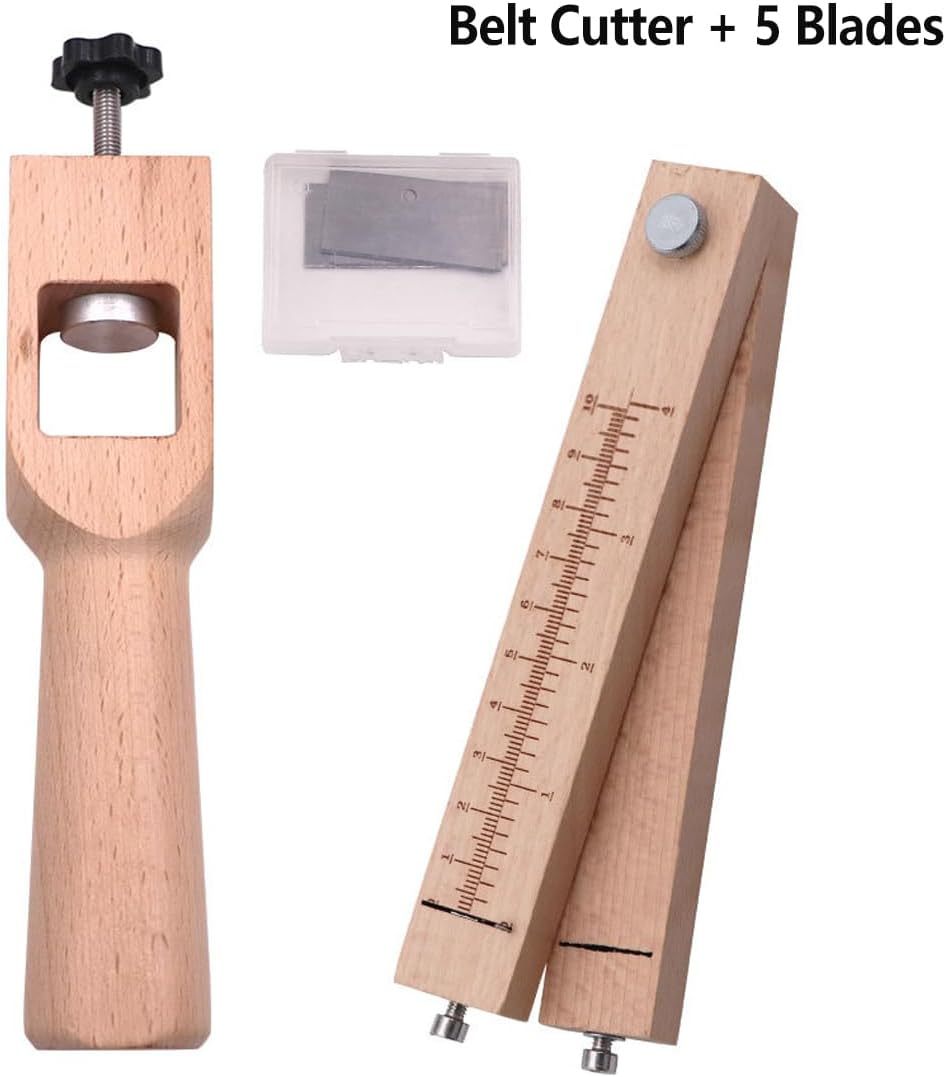AIMALL Adjustable Leather Strip Cutter, Beech Wood Material, Belt Cutter with 5 Blades, Ruler Scale with Clear Engraving, Precise Adjustable Width for Leather and Strap Cutting