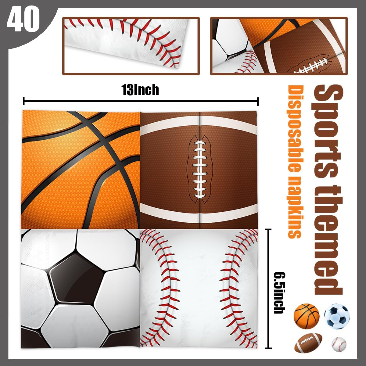 40Pcs Sports Themed Napkins-Sports Party Decorations All Star Basketball Football Baseball Soccer Disposable Paper Napkins for Boys Birthday Party Supplies - Blue - Sub/White/Sub image number 5