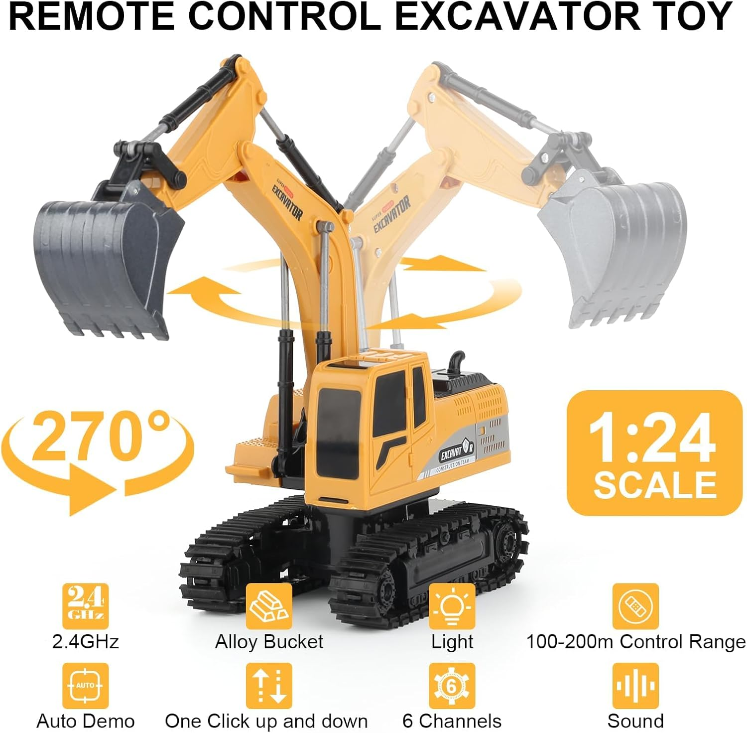Besswin Remote Control Excavator Toy 660-F1 with Metal Shovel, Light and Music,1:24 Rechargeable RC Excavator,Remote Control Car for Kids 3+ image number 2