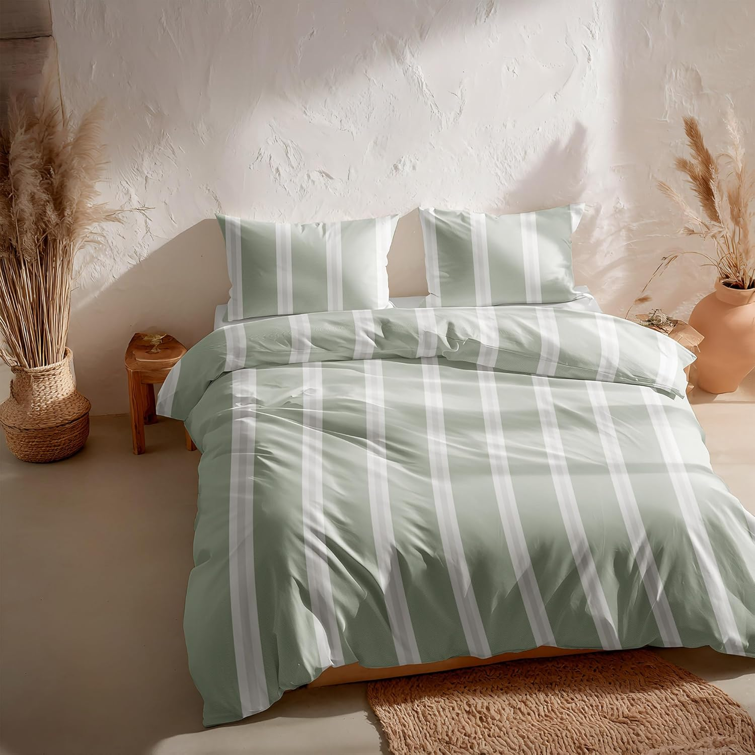 GAMUSI Bedding Set for 90 Cm Bed 100% Cotton Pillowcase 45 X 110 Cm Green Lines Printed image number 5