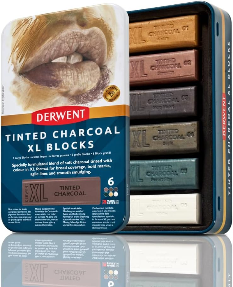 Derwent Tinted Charcoal XL Blocks 6 Tin, Set of 6, 60Mm Extra-Large Block, Naturally Water-Soluble, Ideal for Sketching, Drawing and Expressive Mark Making, Professional Quality (2306177) image number 6