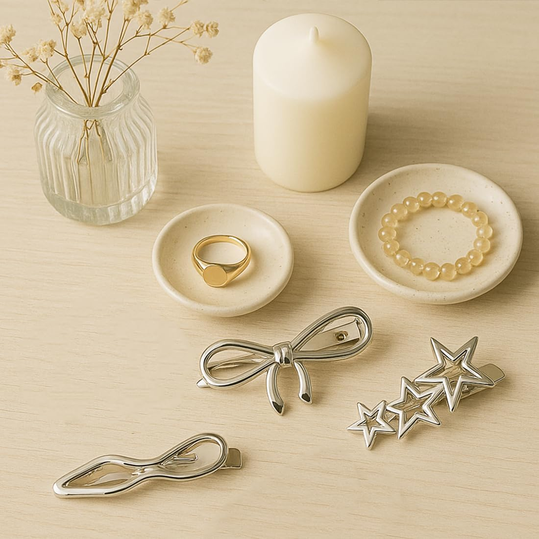 GGUFAY Pack of 4 Women'S Hair Clips with Bow, Stars, Waves, Five-Pointed Star for Women Girls, Fashionable Hair Claw, Duckbill Hair Clip, Y2K Silver Hairpin image number 1